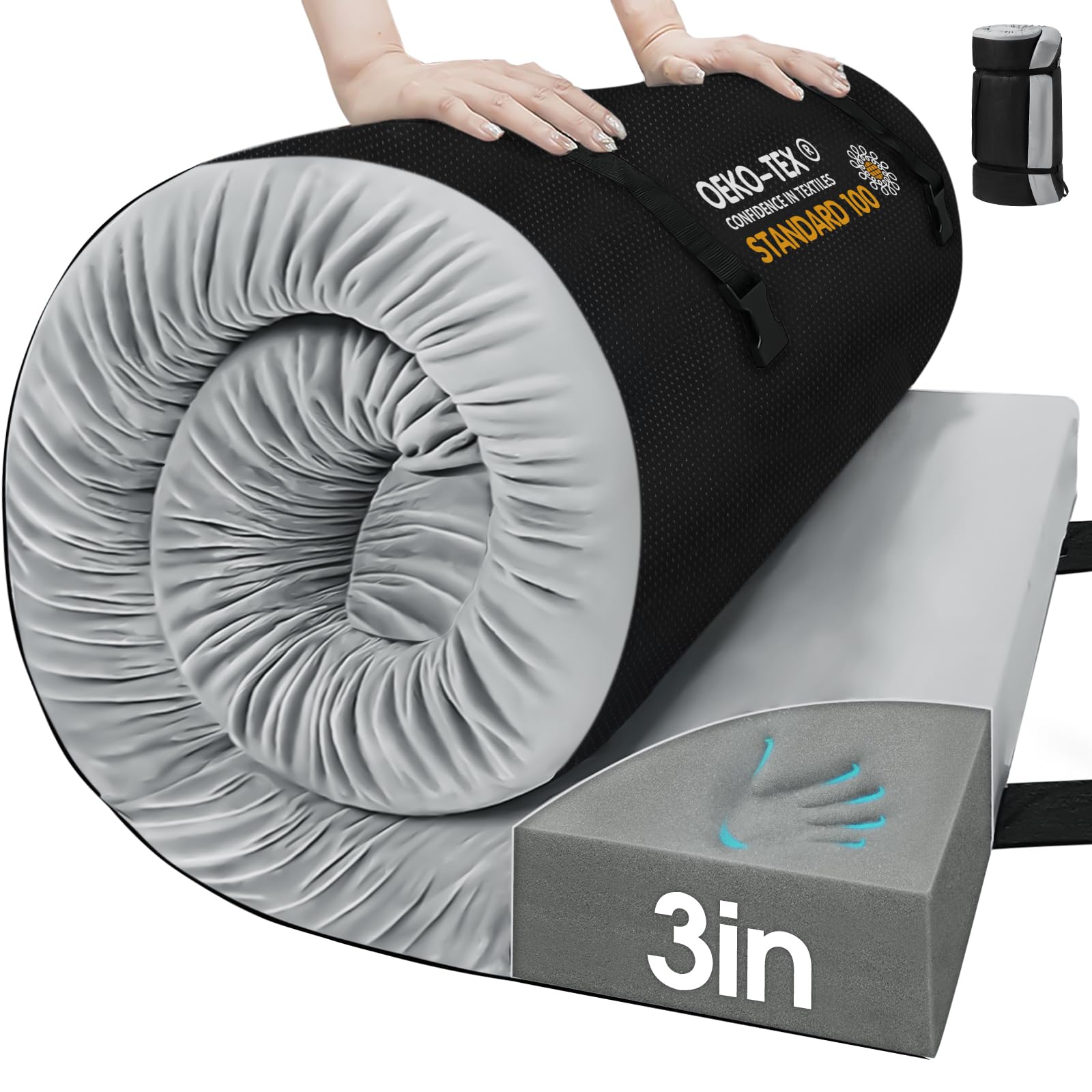 **CYMULA 3-Inch Memory Foam Camping Mattress Pad - Portable Roll-Up Sleeping Pad for Camping, Travel & Guest Beds - Non-Slip Bottom for Tents, Trucks & Floor Cots - Perfect for Outdoor Adventures & Home Use**
