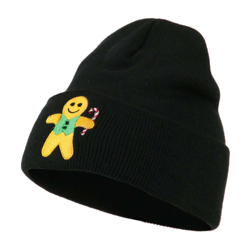 Gingerbread Man with Candy Cane Embroidered Beanie Hat - Christmas Holiday Knit Winter Cap for Men & Women - Perfect for Xmas Parties, Gifts & Outdoor Activities