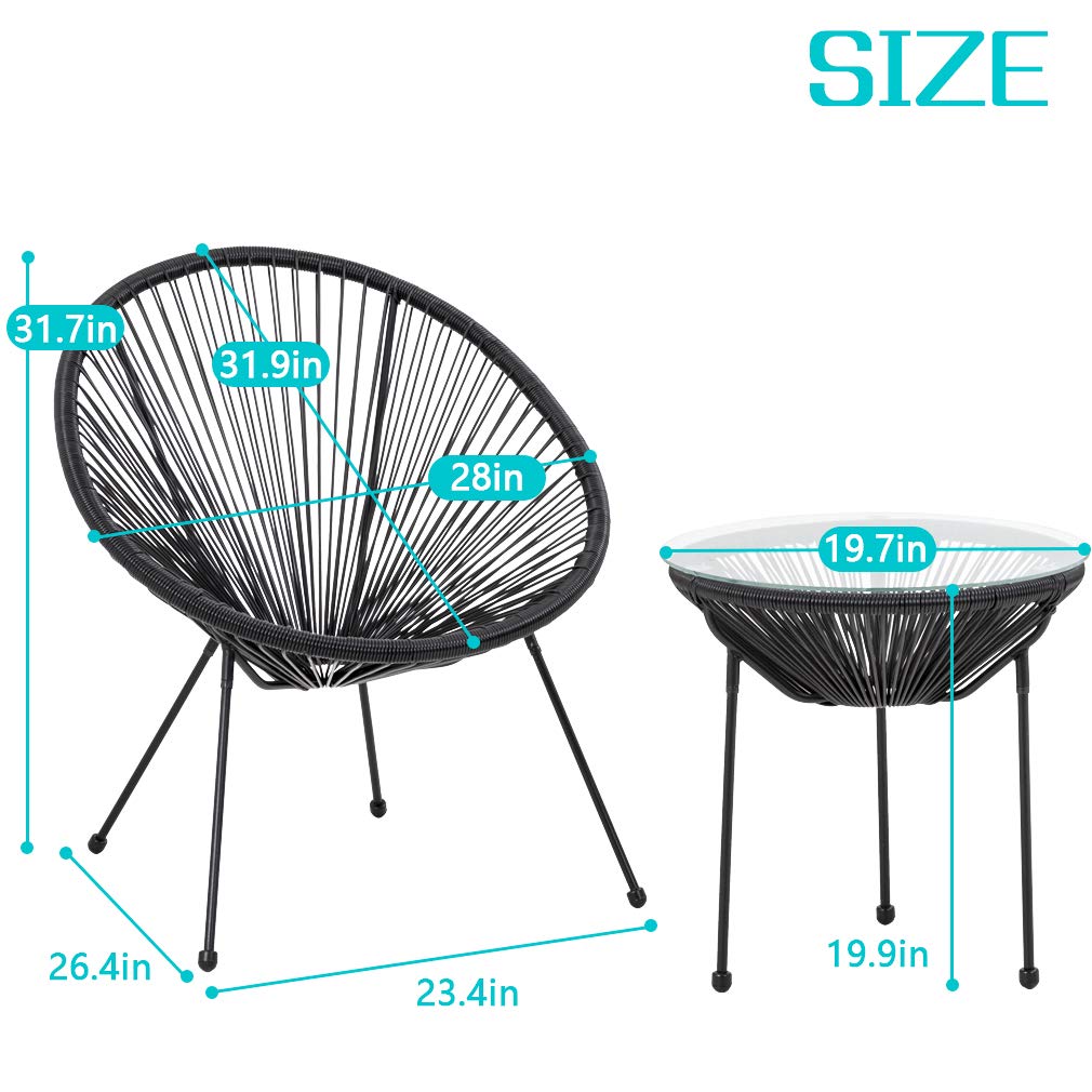 **FDW 2-Piece Outdoor Bistro Set - All-Weather Acapulco Chairs with Glass Top Side Table, Black Hammock Weave Patio Furniture for Garden, Balcony & Small Spaces**