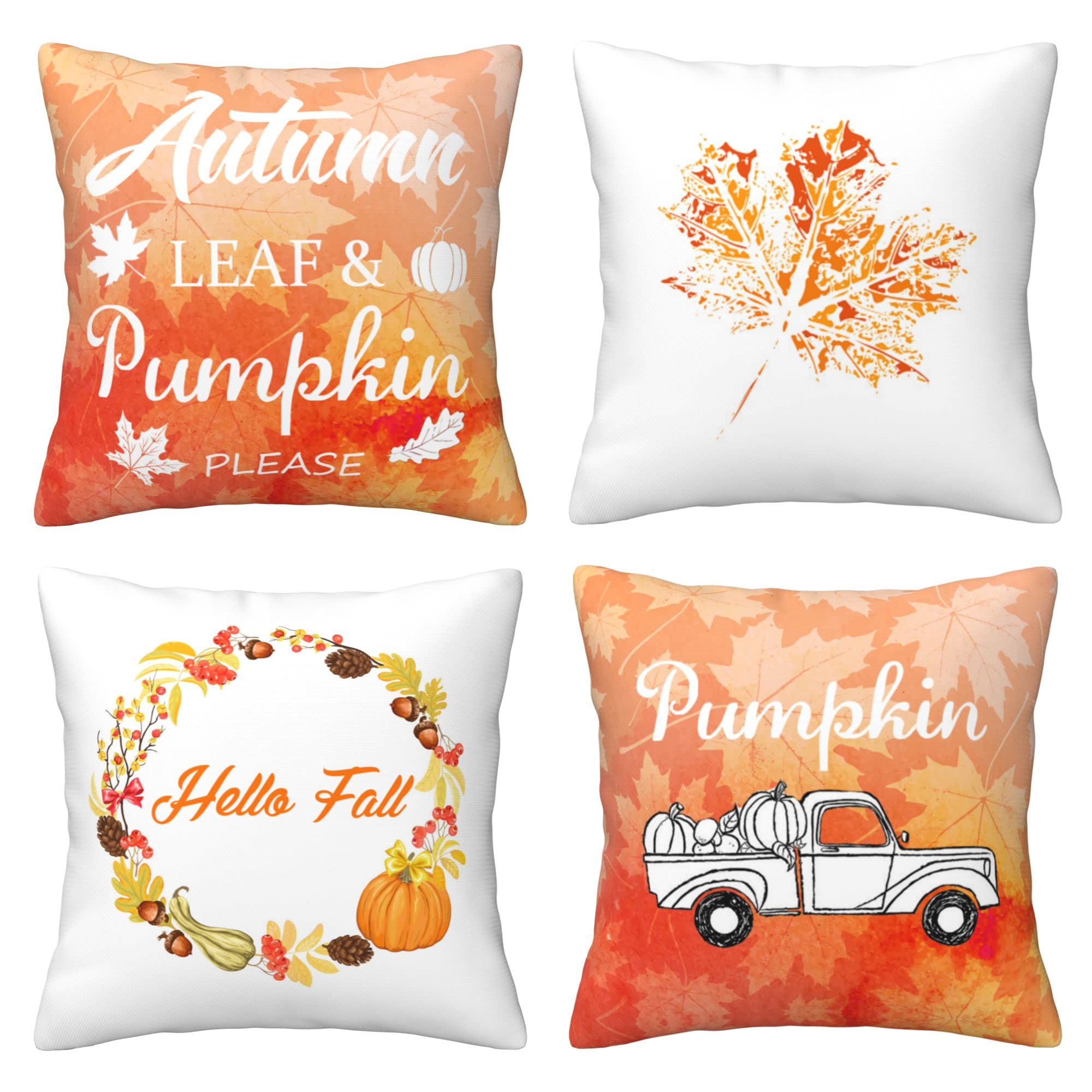 Pumpkin Maple Leaf Truck Harvest Decorative Throw Pillows - Set of 4 Autumn Cotton Linen Pillow Covers 16x16 Inch - Fall Farmhouse Decor for Sofa, Bed, Couch - Perfect for Halloween, Thanksgiving & Seasonal Home Decor