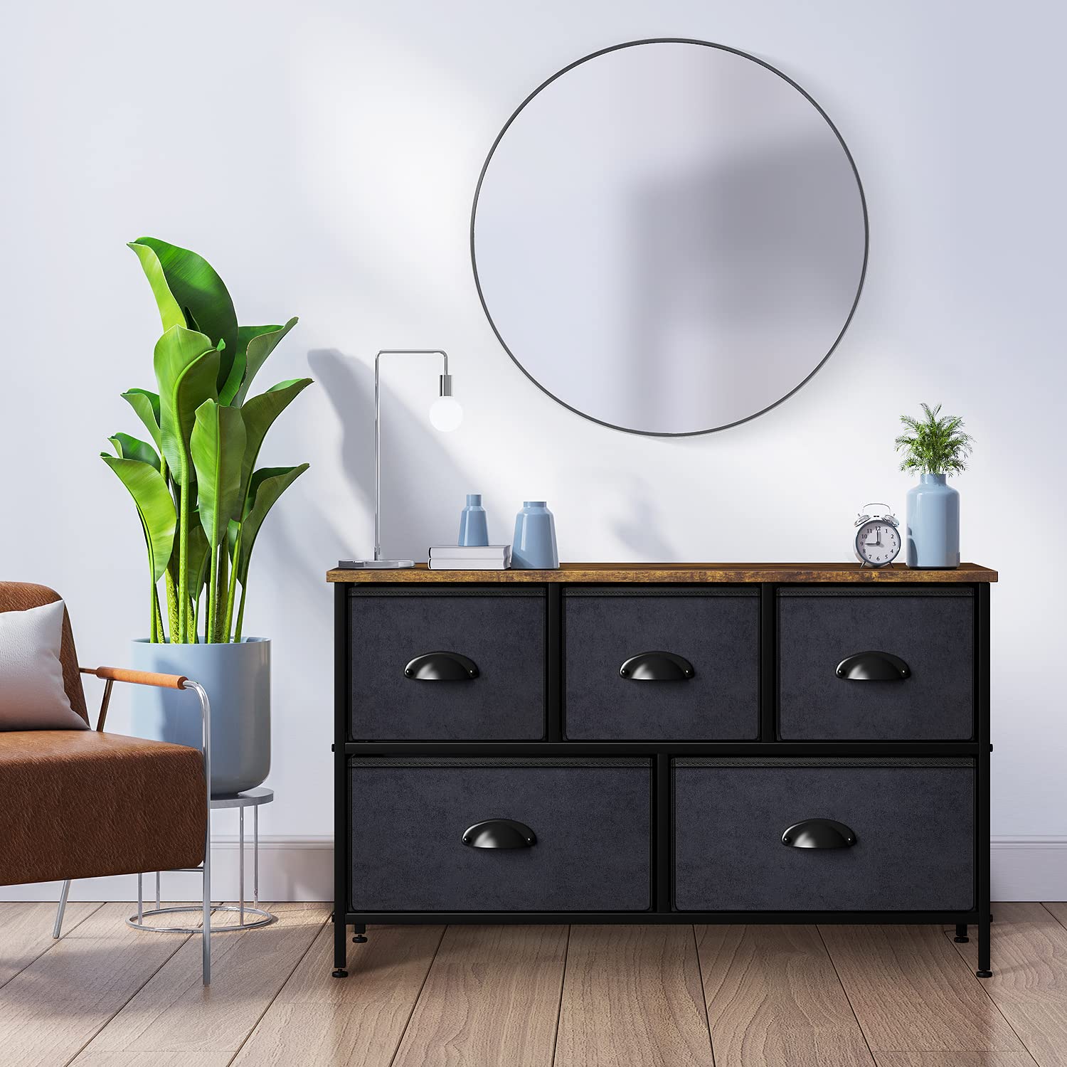Sorbus 5-Drawer Dresser Organizer - Sturdy Steel Frame & Wood Top Storage Chest with Easy-Pull Fabric Bins - Wide TV Stand for Bedroom, Hallway, Closet & Office Organization | Perfect for Small Space Storage & Home Decor