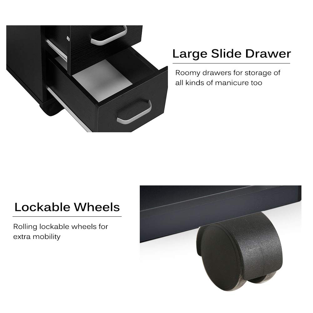 Professional Nail Table with 5 Storage Drawers - Portable Manicure Station for Salon & Home Use, Beauty Workstation with Mobile Castors, Black - Perfect for Nail Artists & DIY Enthusiasts