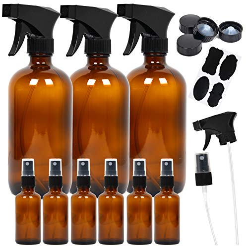 Youngever 9 Pack Empty Amber Glass Spray Bottles (3 Pack 16oz + 6 Pack 2oz) - Refillable Containers for Essential Oils, Cleaning Products, Aromatherapy | Perfect for DIY Skincare, Home Cleaning & Travel Size Liquids