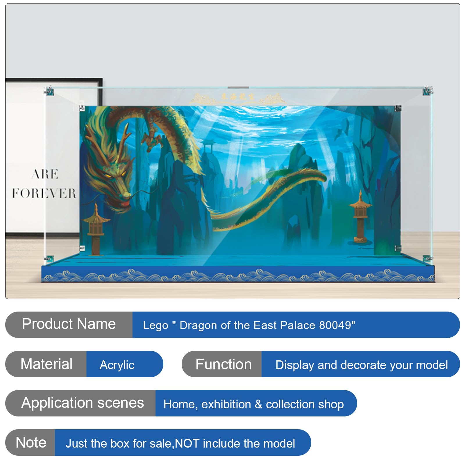 Acrylic Display Case for Lego Monkie Kid 80049 Dragon of The East Palace Building Set - Clear Protective Cover with Base & HD Painted Background | Perfect for Showcasing Collectible Lego Models at Home or Office