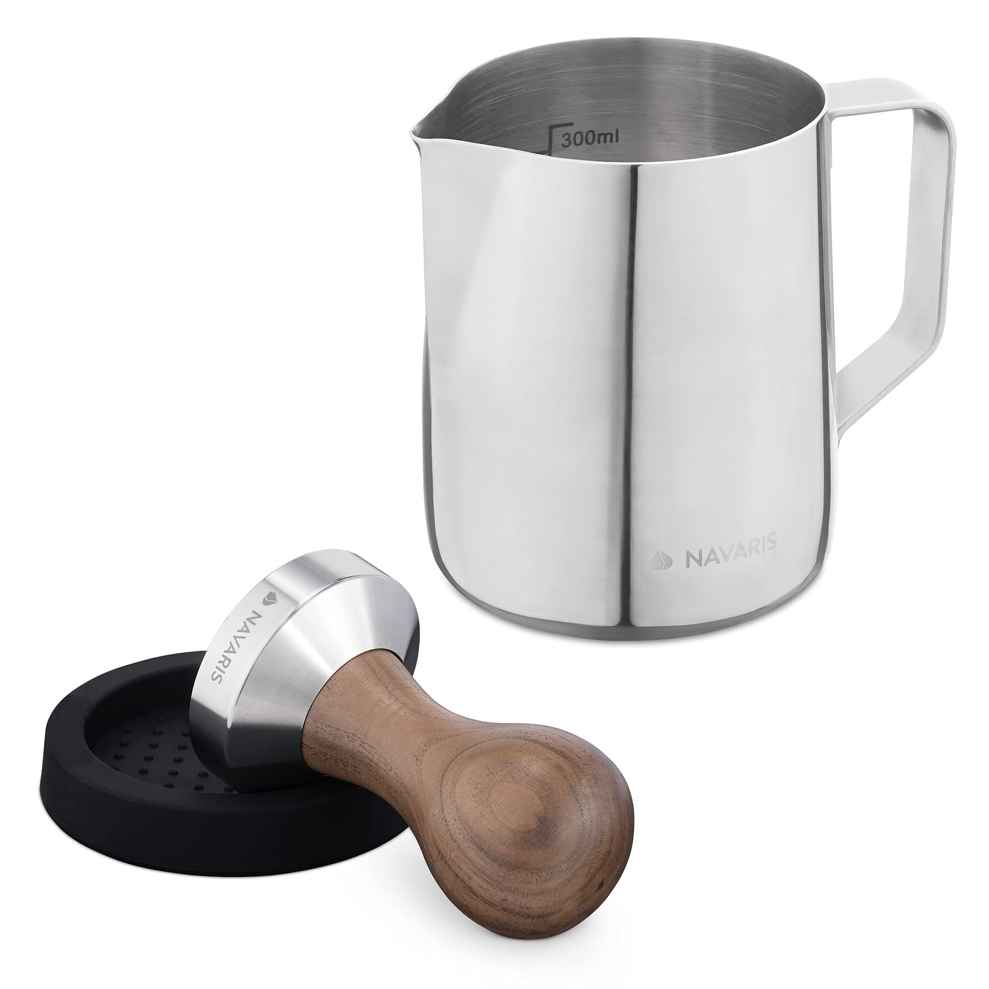 Navaris 51mm Coffee Tamper Set - Stainless Steel Espresso Press with Walnut Handle & Milk Frothing Pitcher - Professional Barista Tools for Home Brewing | Perfect for Espresso Machines & Latte Art