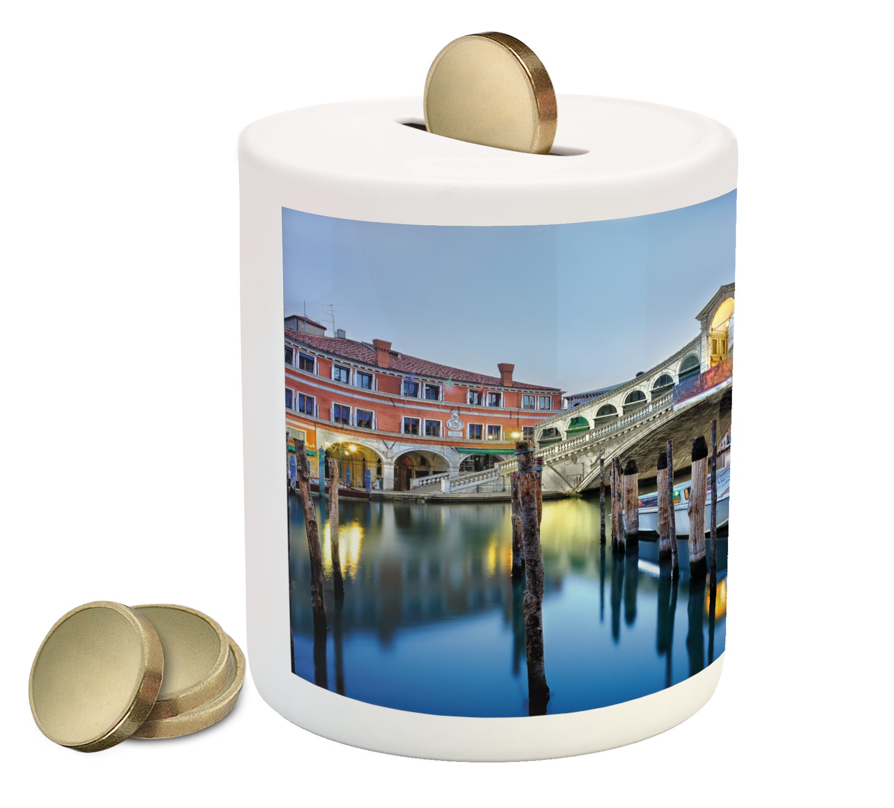 Ambesonne Venice Ceramic Piggy Bank - Grand Canal Rialto Bridge Water Reflection Design, Grey Blue Cinnamon Coin Bank for Cash Savings | Perfect Gift for Collectors, Home Decor & Money Saving Goals