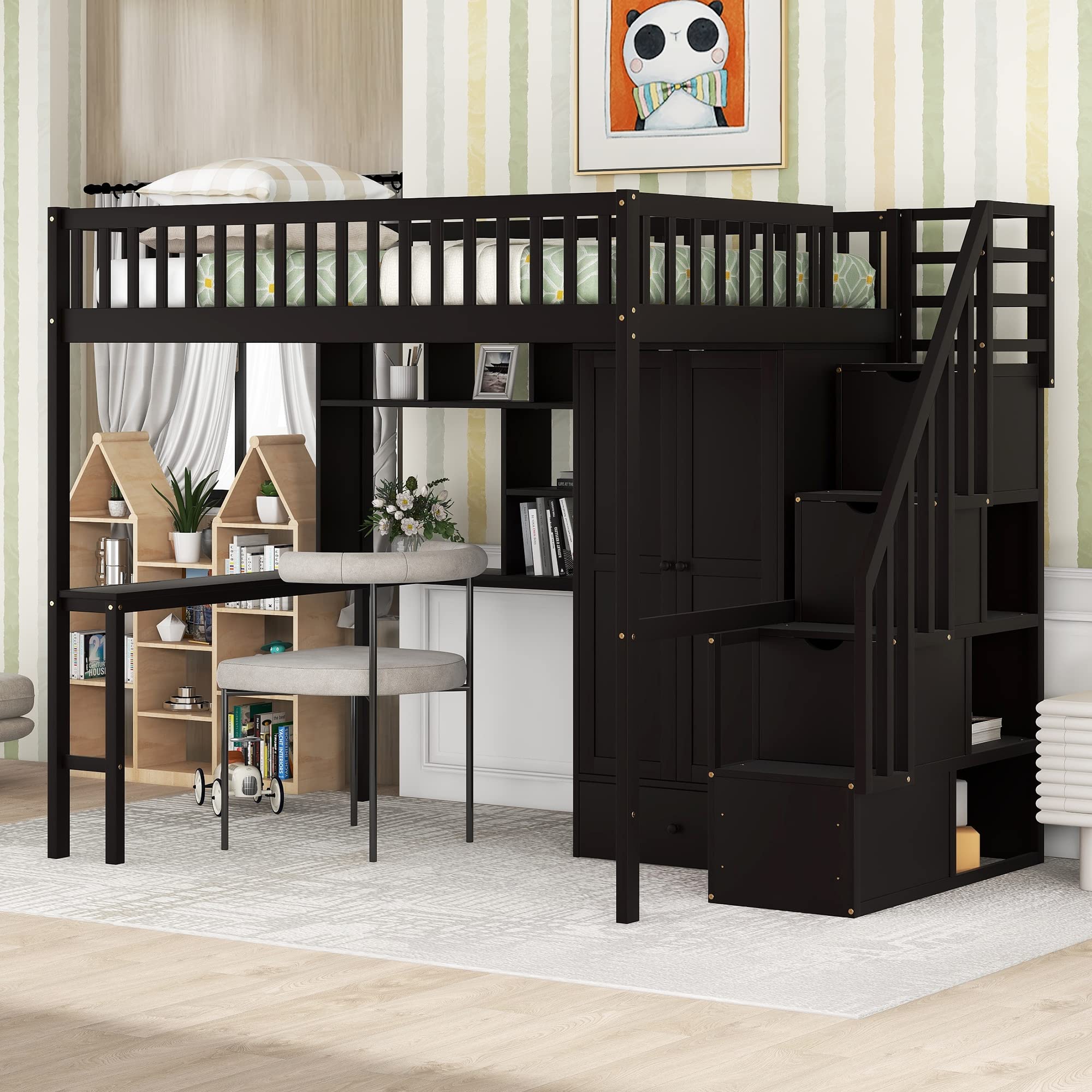 Harper & Bright Designs Full Size Wooden Loft Bed with Stairs, Wardrobe & Desk - Space-Saving Storage Bed with Shelves for Kids, Teens & Small Rooms - Perfect for Dorm, Bedroom or Studio Apartment