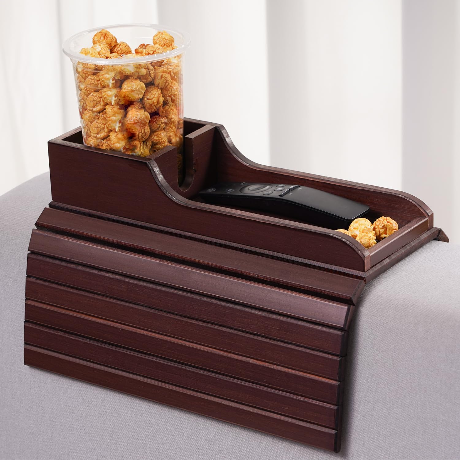 GEHE Bamboo Couch Cup Holder - Anti-Spill Drink Tray for Sofa Armrest | Natural Wood Snack & Remote Control Organizer | Perfect for Beer, Coffee, TV Watching & Relaxing at Home