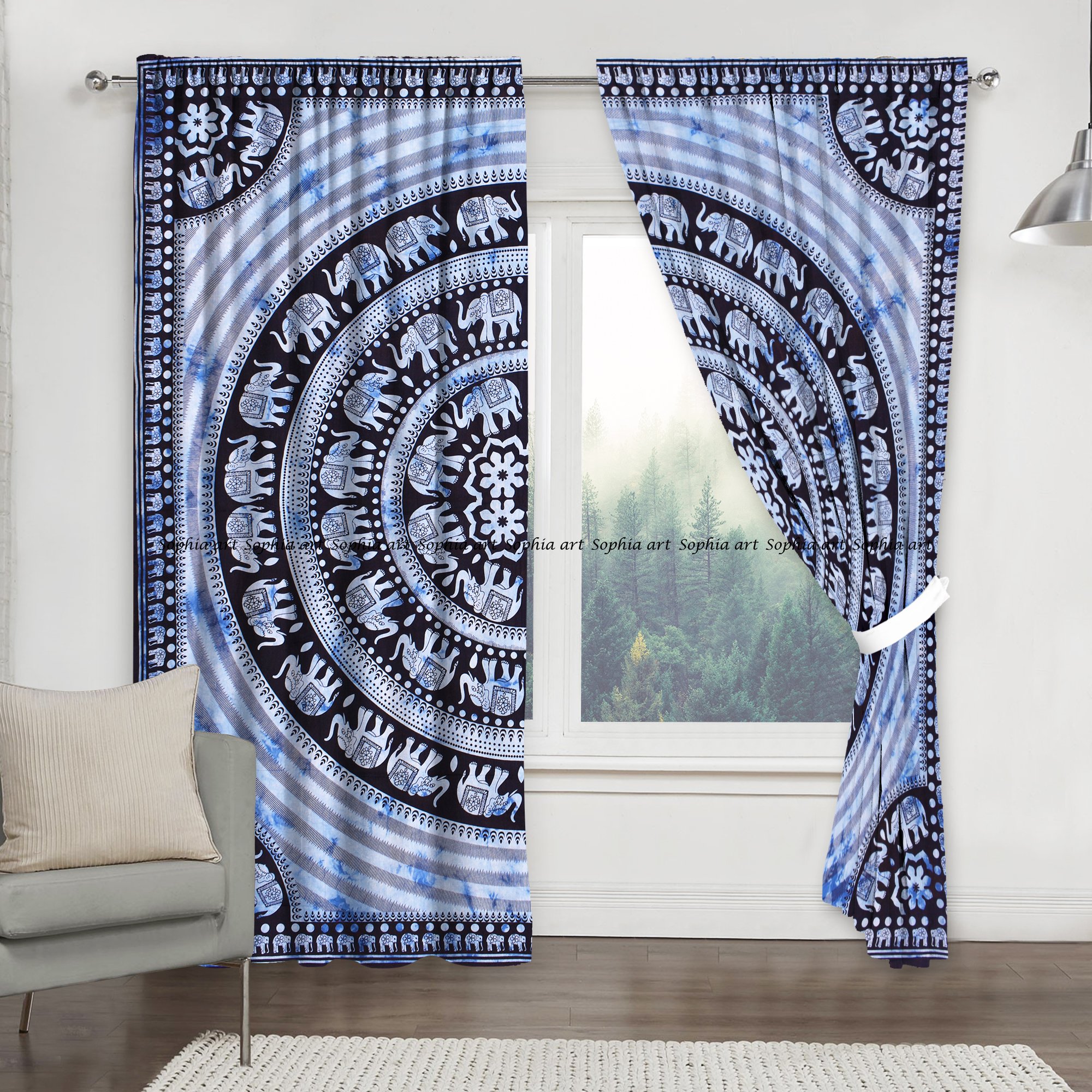 Indian Hippie Elephant Mandala Print Kitchen Window Curtains & Valance Set - Bohemian Dorm Tapestry, Balcony Room Decor for Living Room, Bedroom, Yoga Studio (Boho Style)