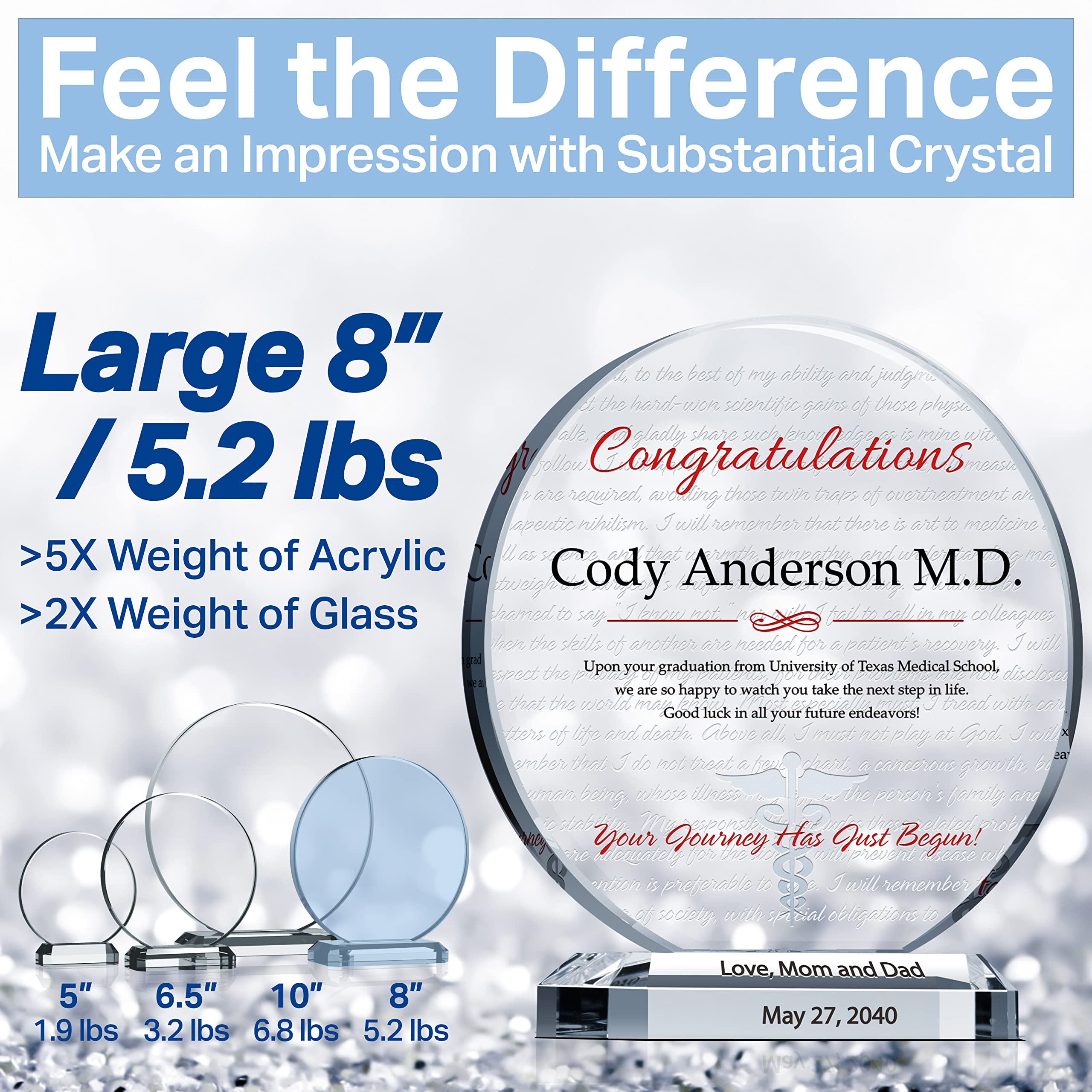 Personalized Crystal Hippocratic Oath Plaque - Custom Medical School Graduation Gift for Doctors (8 Inch) - Engraved with Name - Perfect for Son, Daughter or Medical Professional - Office Decor, White Coat Ceremony, Residency Gift