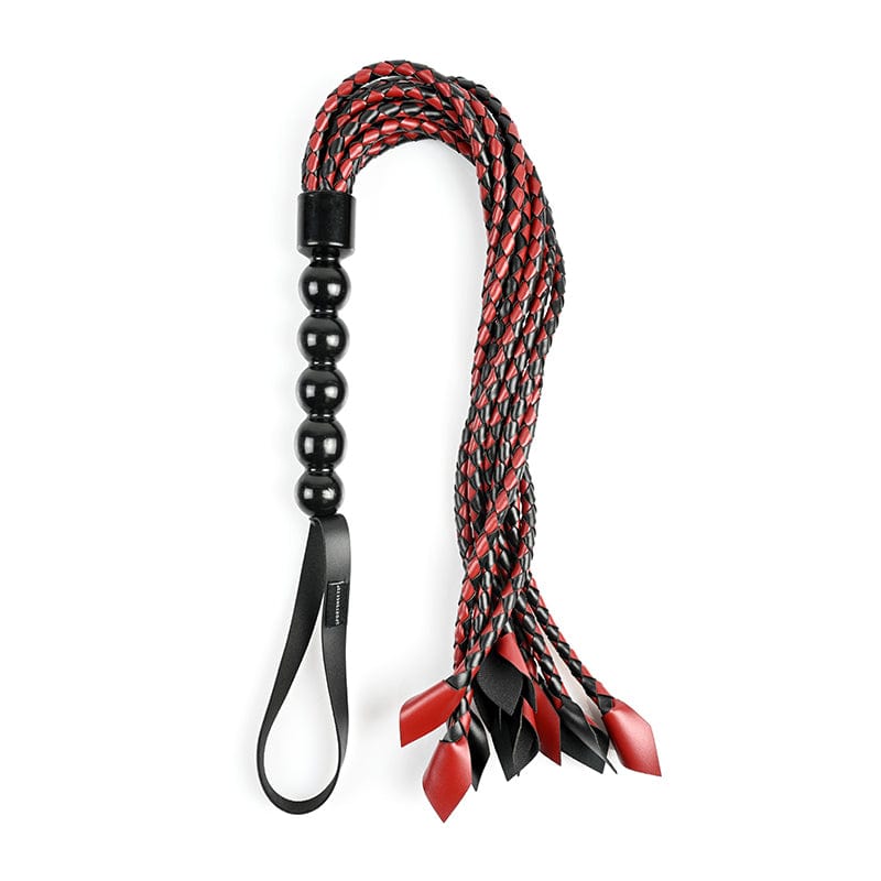 Premium SS Saffron Braided Flogger - Red & Black Leather BDSM Whip for Sensual Play, Spanking, and Kink Exploration - Perfect for Couples, Bondage, and Adult Fantasy Scenes