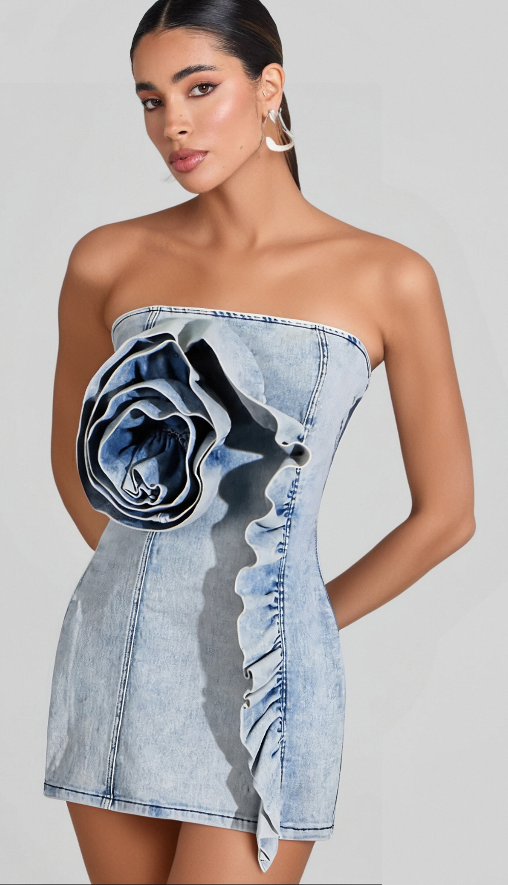 ALISON BLUE RUFFLED TRIM STRAPLESS DENIM MINI DRESS - Women's Fashion Summer Outfit for Beach, Party & Date Night