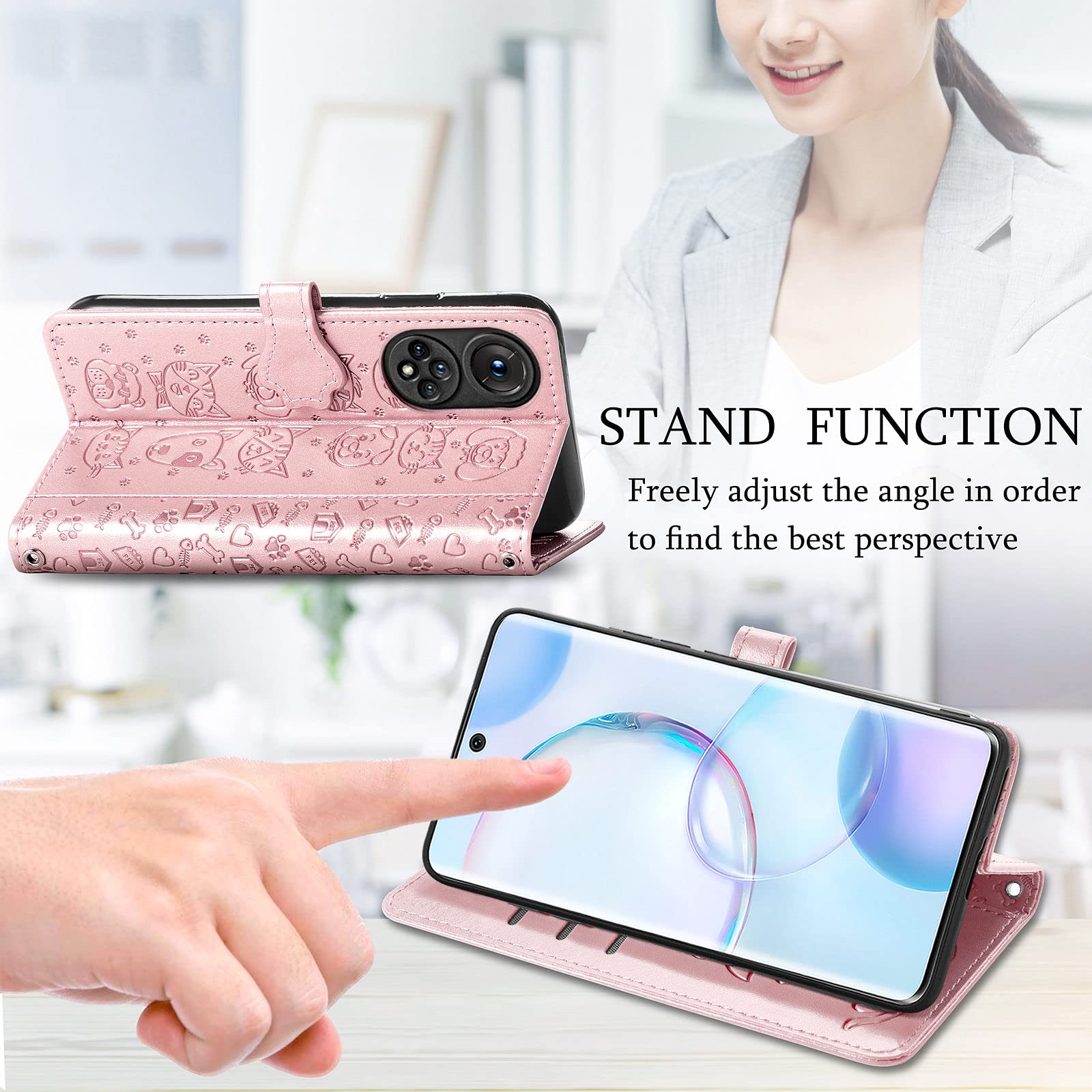 Cute Cartoon Cat & Dog Wallet Case for Huawei Honor 50/Nova 9 - PU Leather Flip Cover with ID Card Holder (Rose Gold) - Perfect for Daily Use, Travel & Shopping