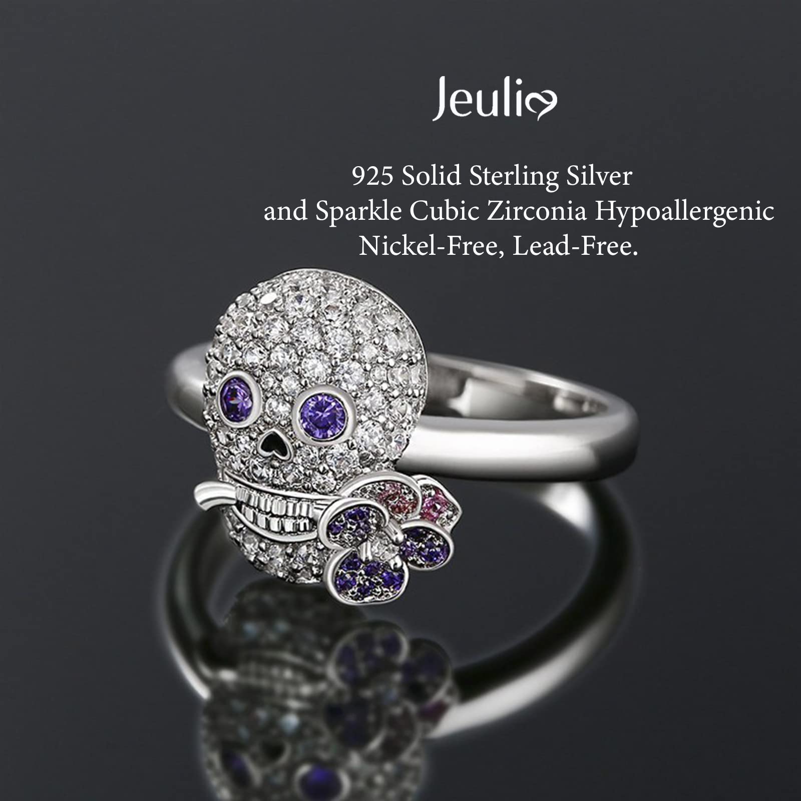 Jeulia Sterling Silver Skull Engagement Ring Set with Heart Cut White Diamond & Cubic Zirconia Flower Design - Wedding, Promise, Anniversary Jewelry for Women & Brides (Gift Box Included) - Perfect for Gothic Weddings, Unique Proposals & Alternative Fashion Statements