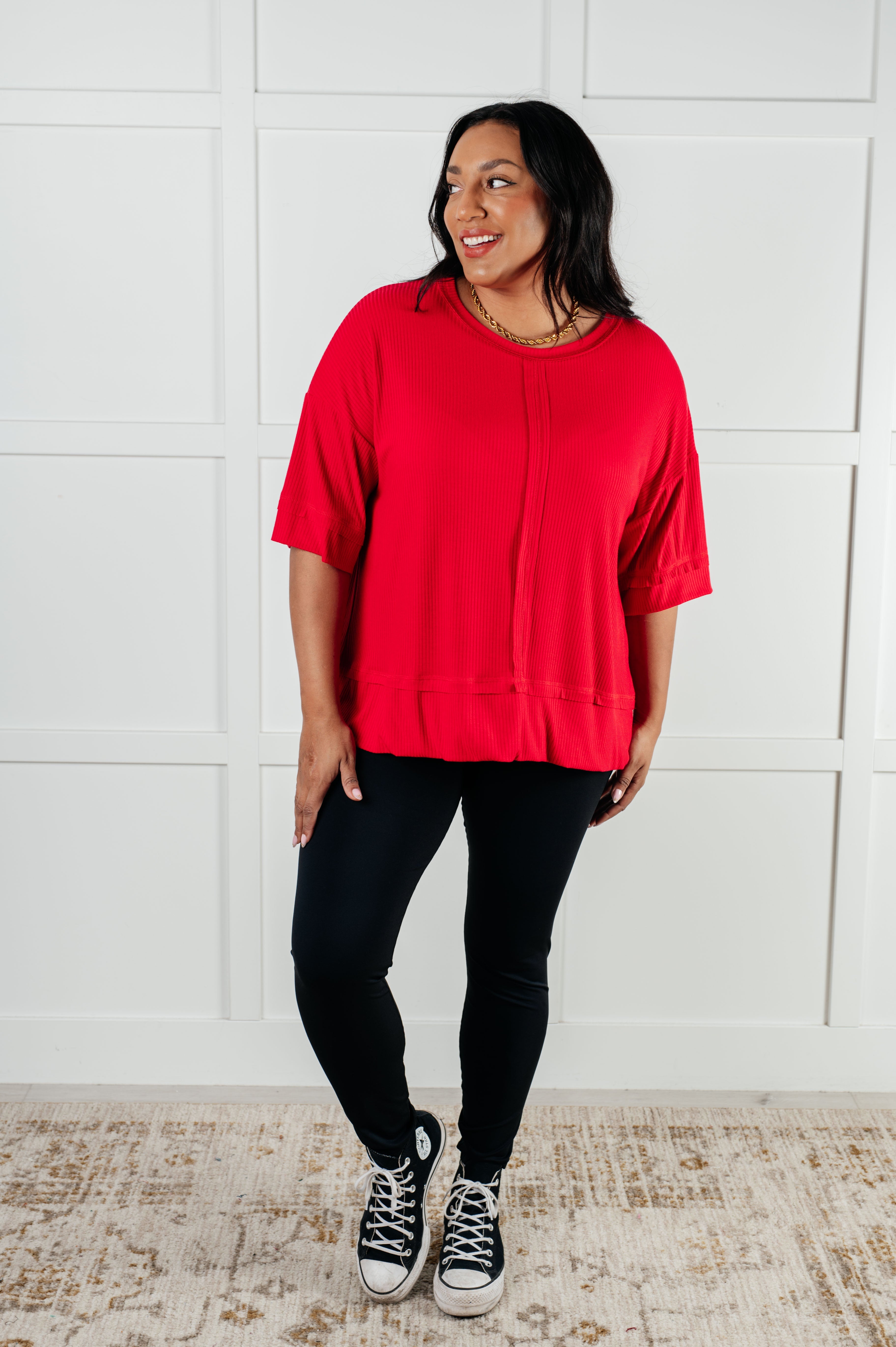 Stylish Ribbed Dolman Sleeve T-Shirt in Red | Comfortable & Trendy Women's Top for Casual Wear, Date Night & Everyday Outfits