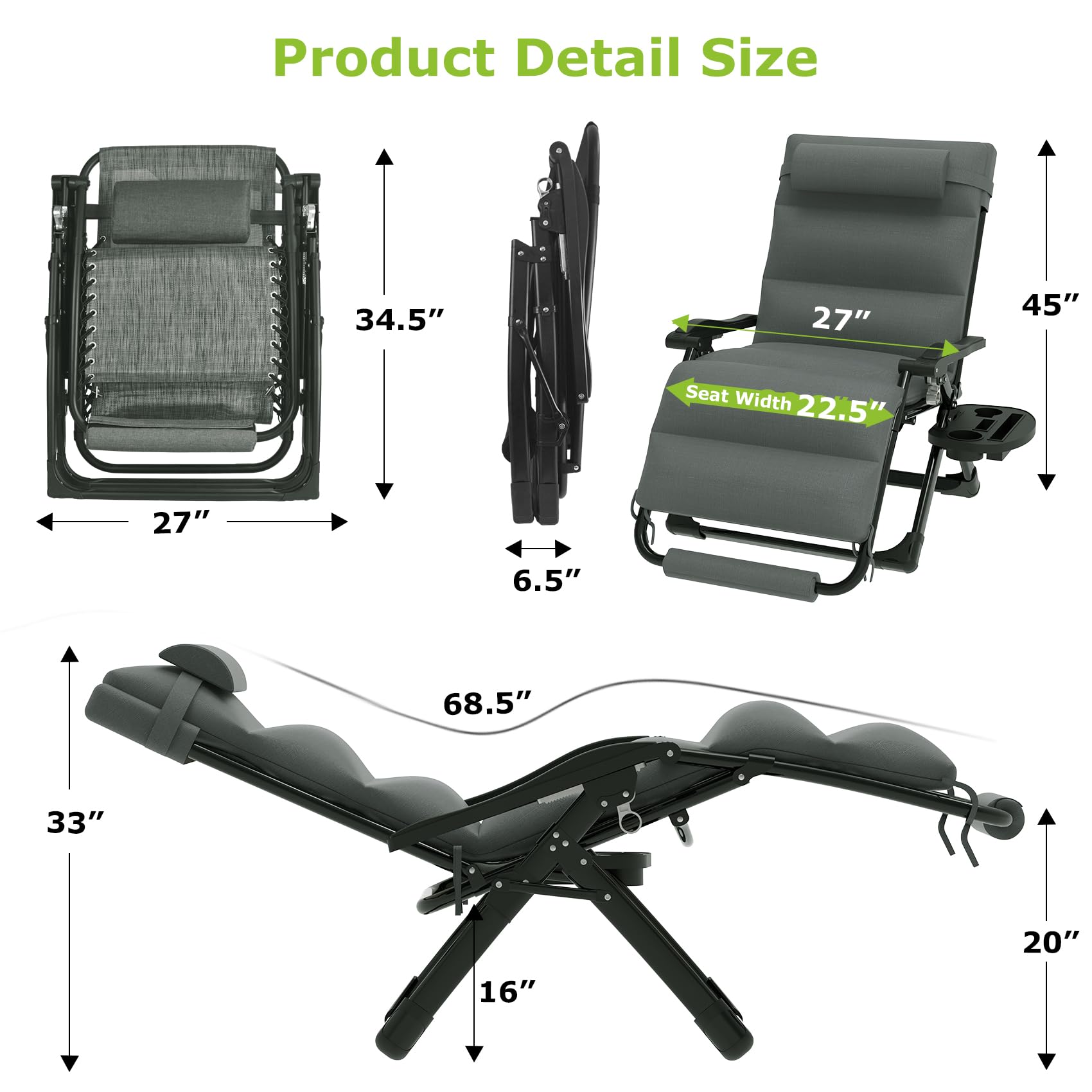 Suteck Oversized Zero Gravity Chair XL - Heavy Duty 500LBS Capacity Reclining Camping Chair with Washable Cushion, Large Cup Holder & Adjustable Footrest - Patio Lounge Chair for Outdoor, Backyard, Poolside Relaxation & Beach Camping - Grey