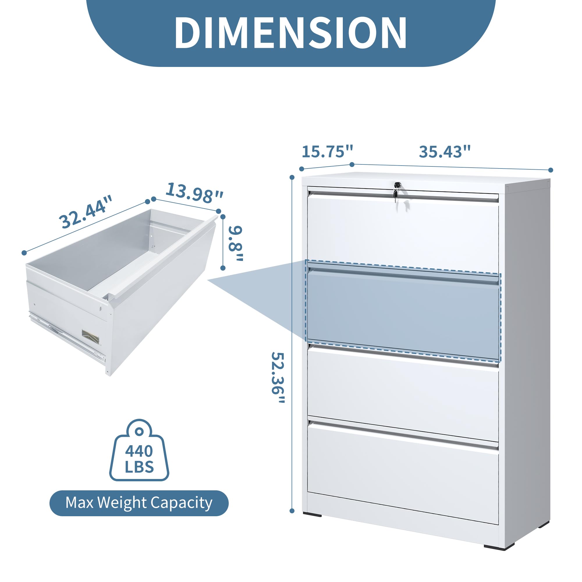 AQY 4-Drawer Locking Metal File Cabinet - Steel Lateral Office Storage for Hanging Files (Letter/Legal/F4/A4 Size) in White - Perfect for Home Office Organization & Document Management