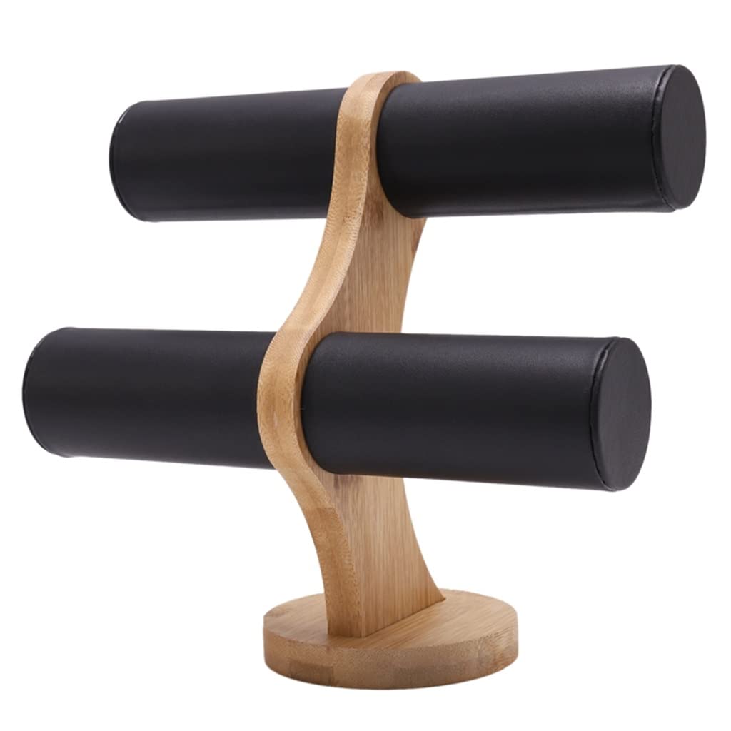 Vintage Bamboo Jewelry Display Stand - Velvet/PU Leather Bracelet & Bangle Holder for Watches, Necklaces, Rings (Black, 23x23.5x10cm) - Perfect for Boutique, Jewelry Store & Home Organization
