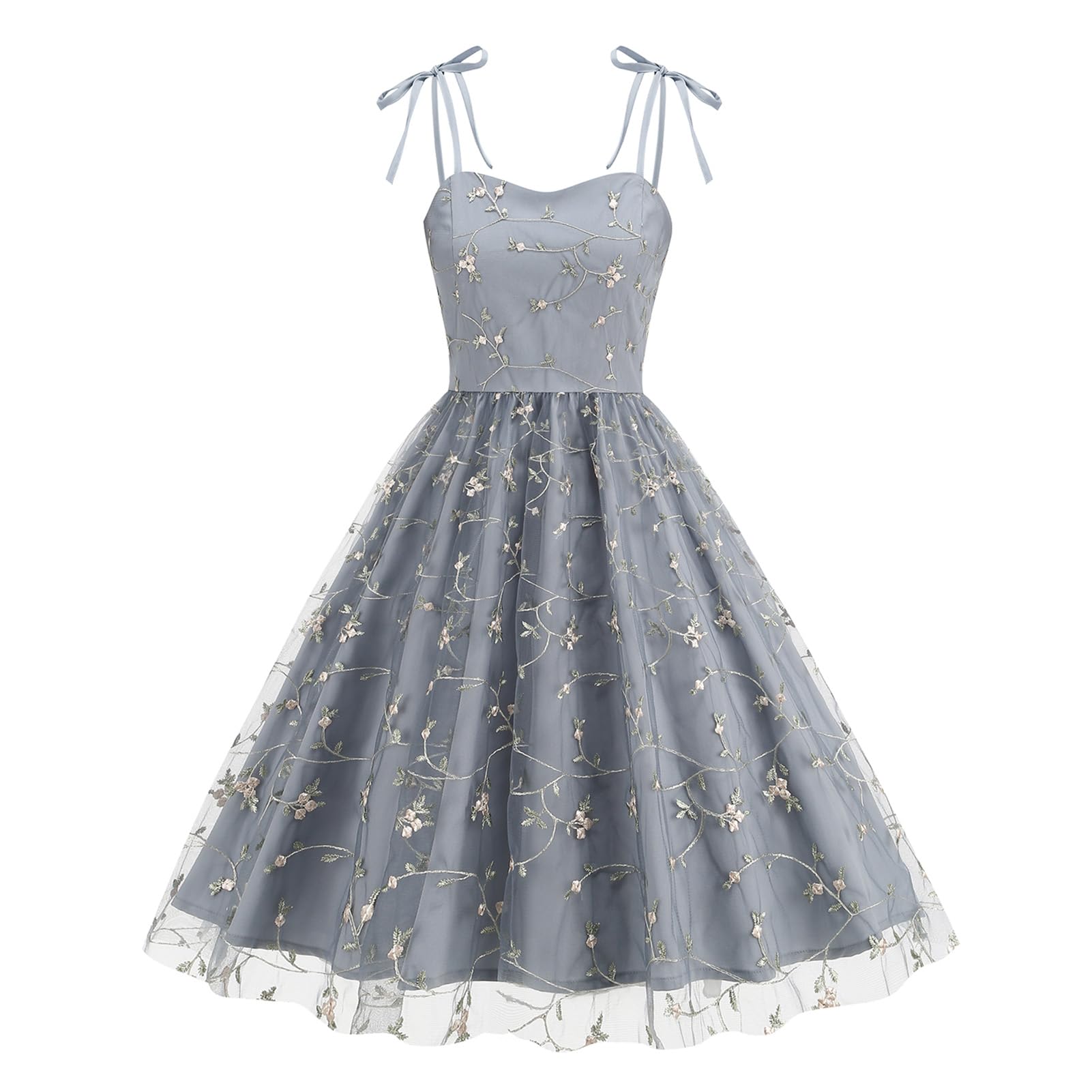 IMEKIS Women's Vintage Embroidered Floral Square Neck Tie Strap Tulle Prom Dress - Elegant Formal Evening Gown for Cocktail Parties, Weddings & Special Occasions