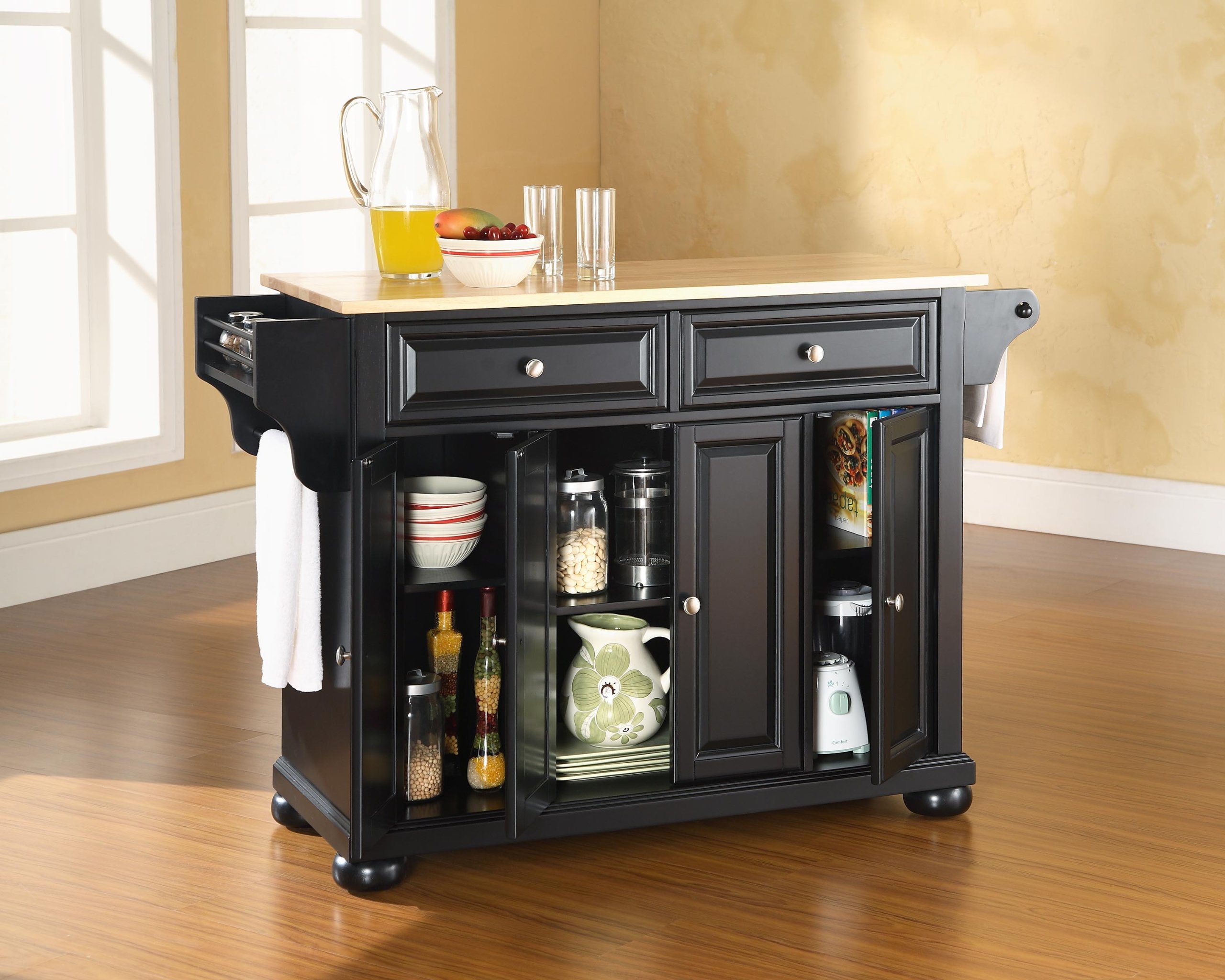 Crosley Alexandria Wood Top Rolling Kitchen Island Cart with Storage - Microwave Stand, Spice Rack, Black - Perfect for Small Kitchens, Pantry Organization & Extra Counter Space