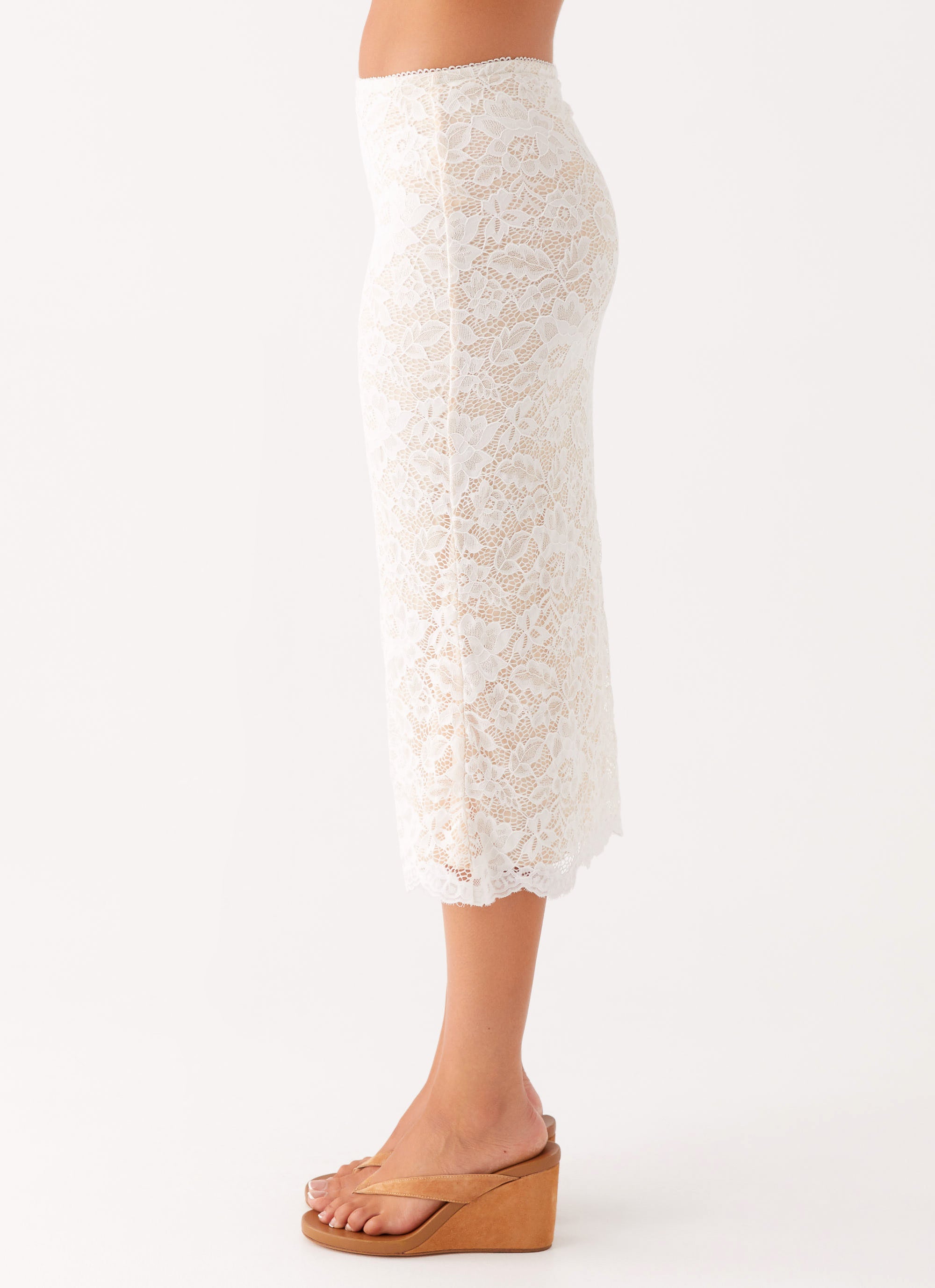 Elegant Crystal Clear Lace Midi Skirt in Ivory - Perfect for Weddings, Parties & Special Occasions