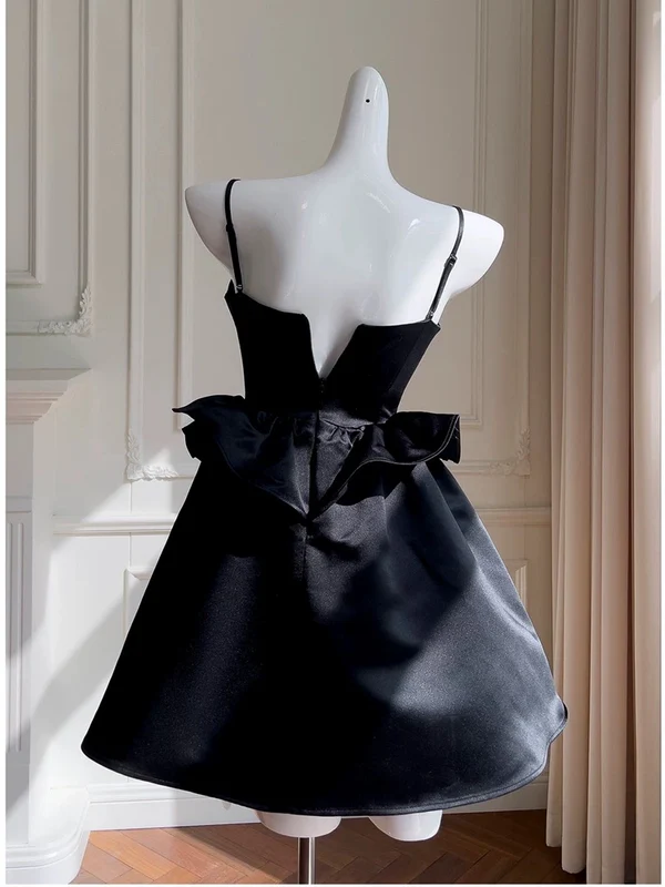 Elegant Black Satin A-Line Spaghetti Strap Homecoming Dress with Bead Embellishments - Perfect for Prom, Birthday Parties & Special Occasions | Style J4865