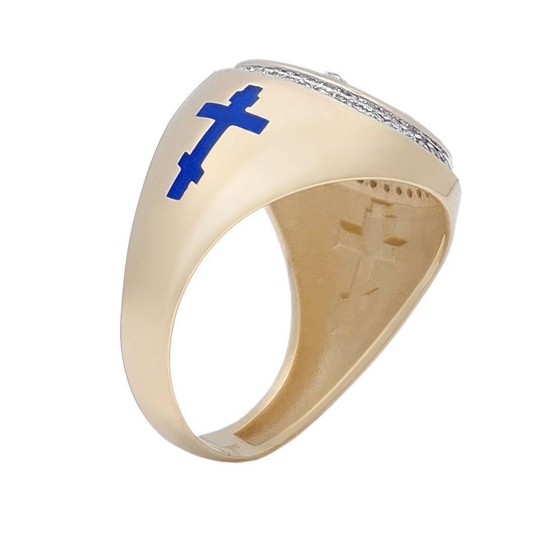 14K Gold Men's Jerusalem Cross Signet Ring with Diamonds & Blue Enamel - Luxury Religious Jewelry for Gifts, Weddings & Special Occasions