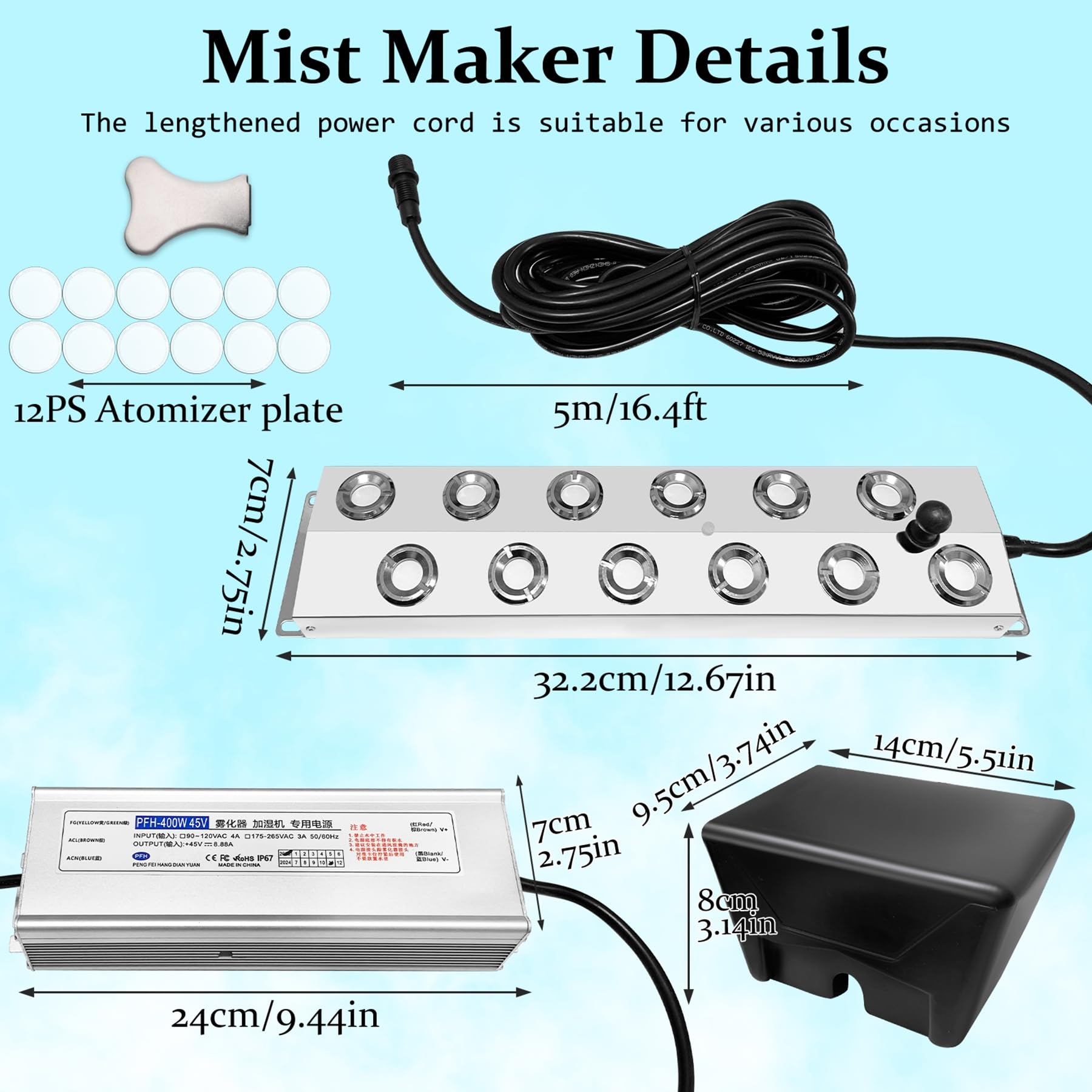 12-Head Ultrasonic Fogger Mist Maker - 400W 9000ml/H High Capacity Water Fountain Fog Machine for Indoor/Outdoor Hydroponics, Gardens & Decorative Displays