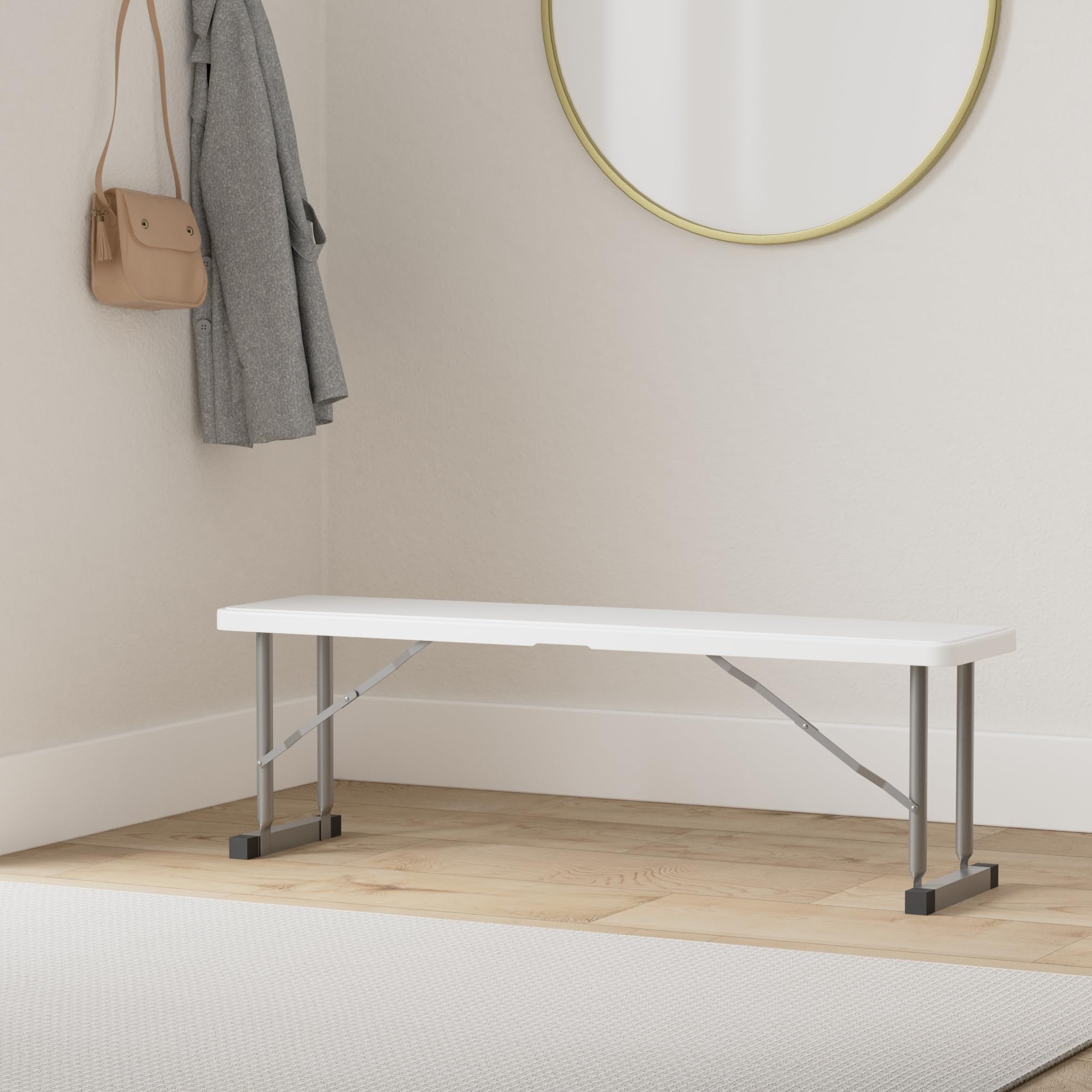 3 Foot Plastic Folding Bench - Lightweight & Portable White Resin with Sturdy Steel Frame, Perfect for Indoor & Outdoor Entertaining, Seats 3-4 People, 9