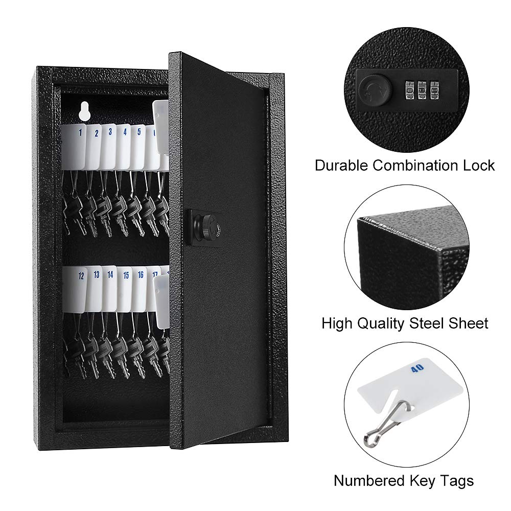 Wall Mount Key Storage Box with Combination Lock - 40 Key Hooks, Steel Key Cabinet for Home & Office Security (Black) | Ideal for Key Organization in Apartments, Hotels, and Rental Properties
