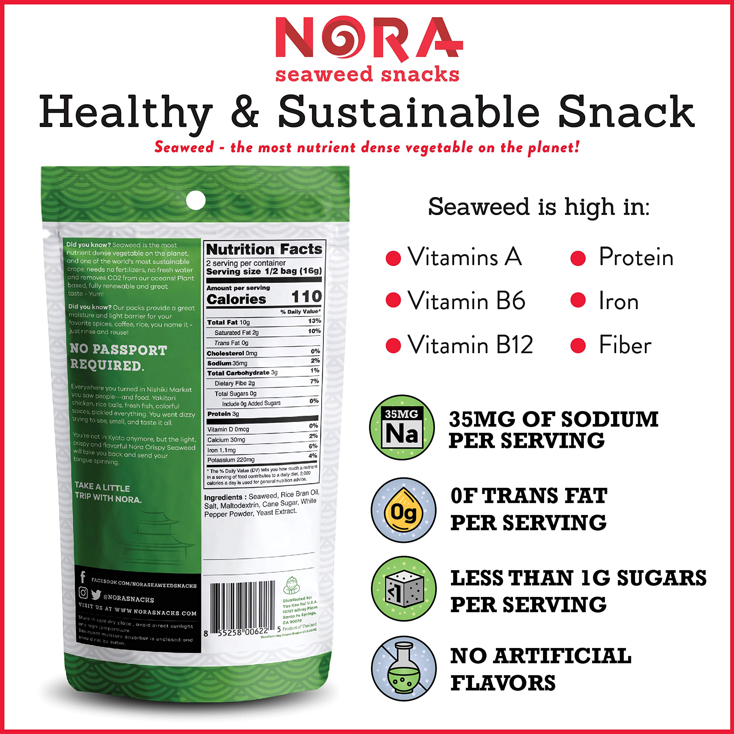 Crispy Seaweed Snacks by Nora - Low Carb Healthy Vegan Snacks, Gluten-Free Non-GMO Thick Nori Sheets (6-Pack) - Perfect for Keto Diet, Office Snacking & Asian Cuisine Lovers