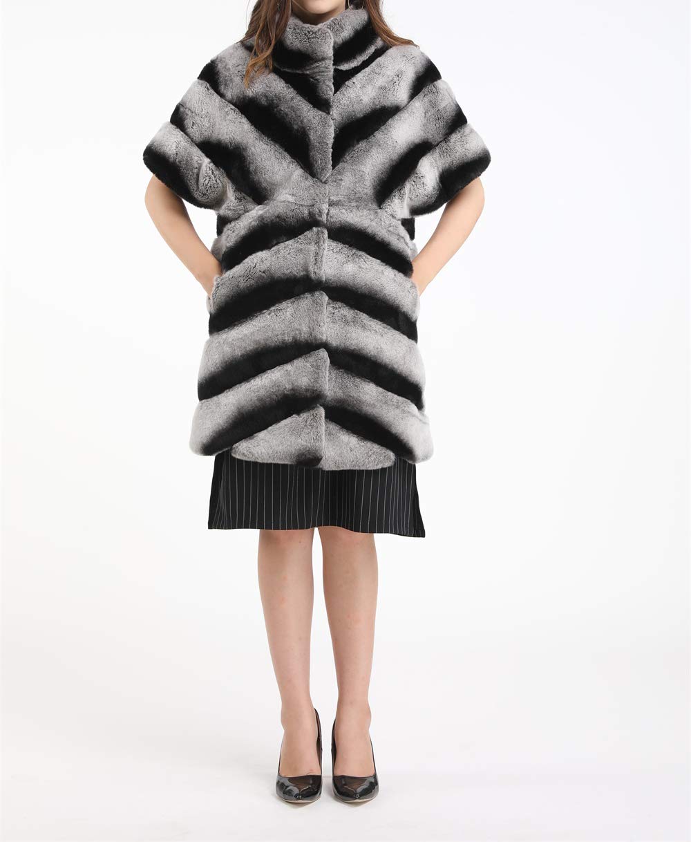 LVCOMEFF Women's Genuine Rex Rabbit Fur Chinchilla Long Vest - Luxurious Winter Coat with Short Sleeves for Fashionable Outerwear & Holiday Parties