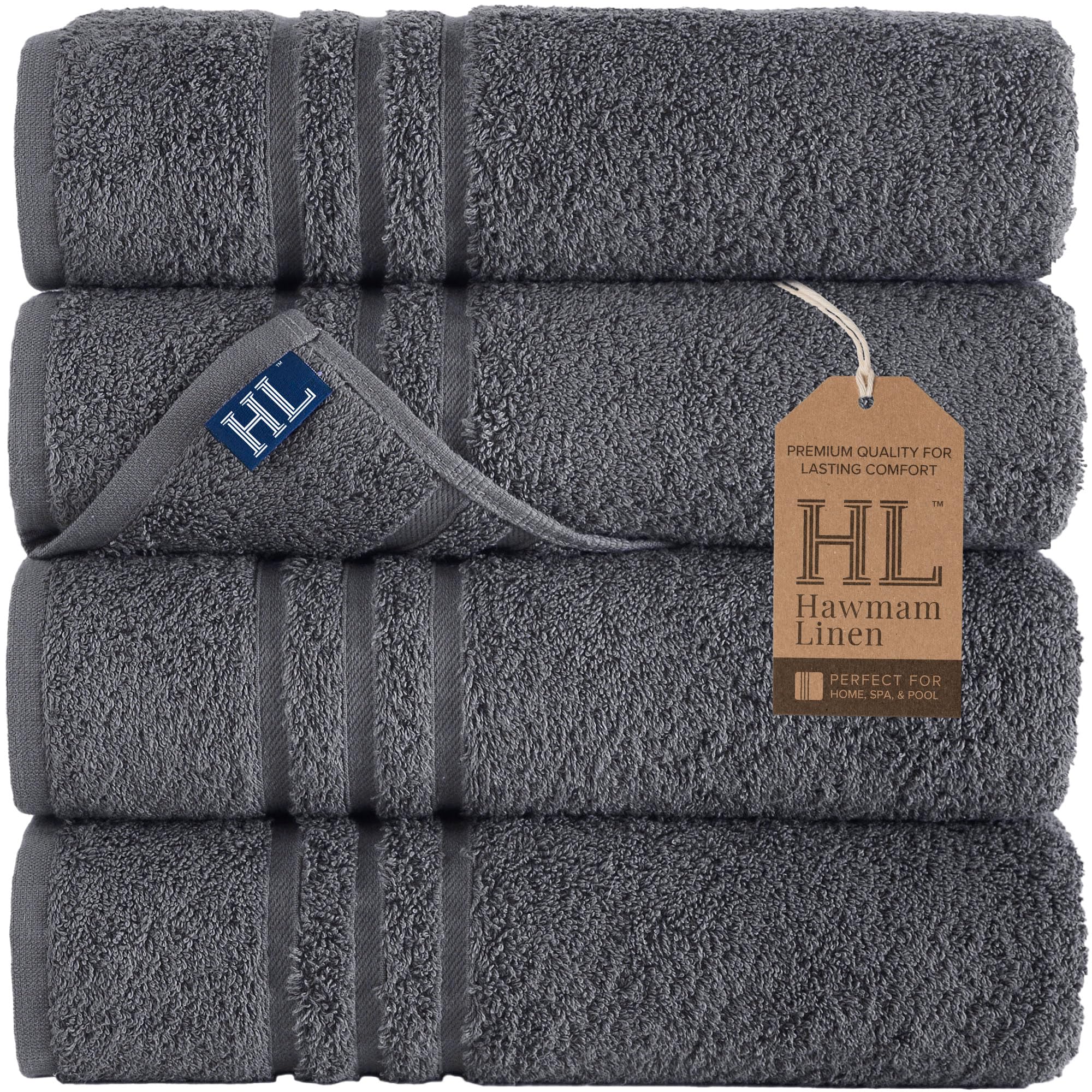 Premium 4-Pack Hawmam Grey Linen Bath Towels - Ultra Soft, Highly Absorbent & Quick-Drying Cotton Towels (27x54 Inch) for Spa, Gym & Luxury Bathroom Use