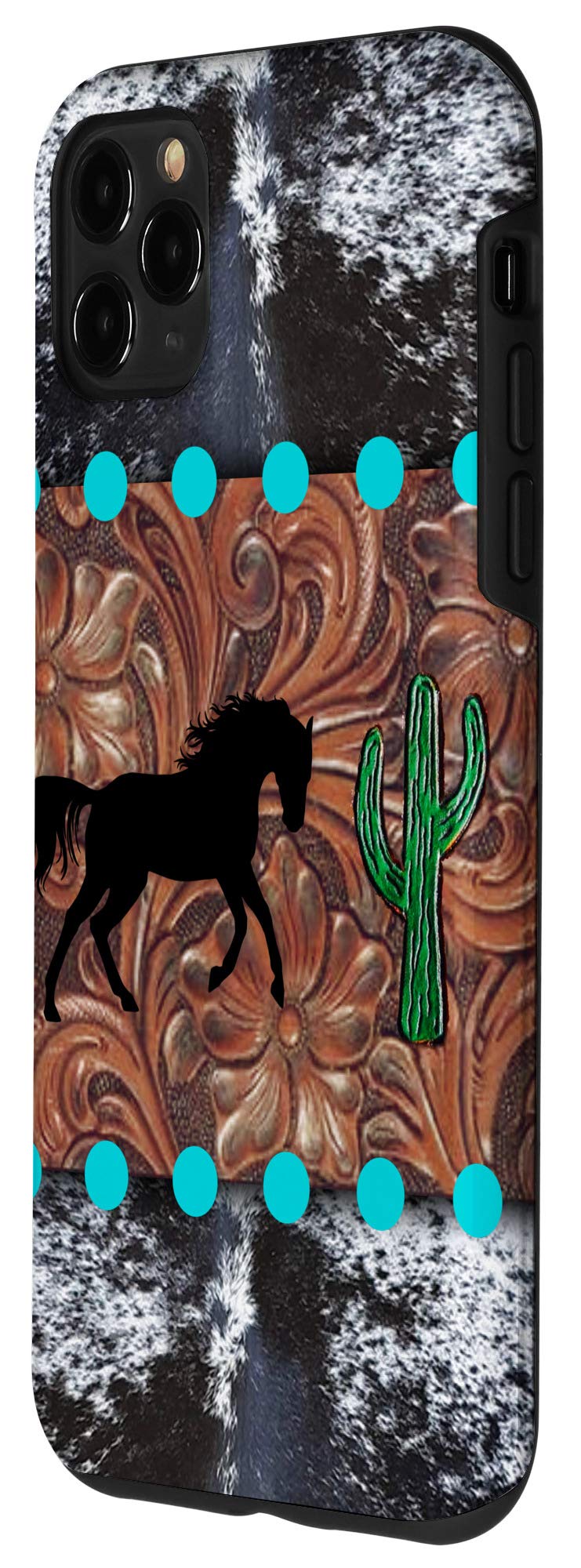 iPhone 11 Pro Max Leather Case - Handcrafted Cowhide Cover with Southwest Cactus & Turquoise Horse Design | Durable Protection for Work, Travel & Outdoor Activities
