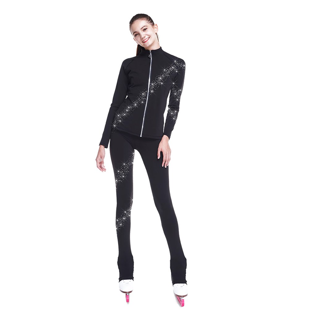 Women's Figure Skating Spiral Jacket & Fleece Pants Set - Black Ice Skating Warm-Up Outfit for Girls & Ladies | Perfect for Practice, Competitions & Winter Sports