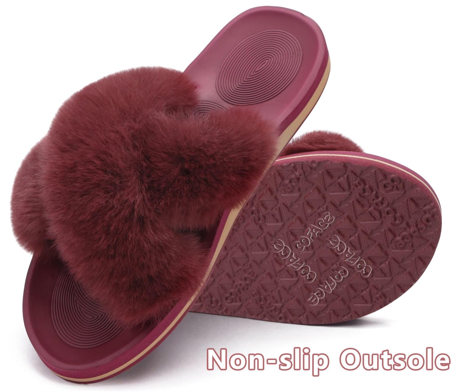 COFACE Women's Fuzzy Slides - Fluffy Faux Fur House Slippers with Arch Support, Open Toe Sandals for Indoor/Outdoor Use - Perfect for Yoga, Lounging & Home Comfort