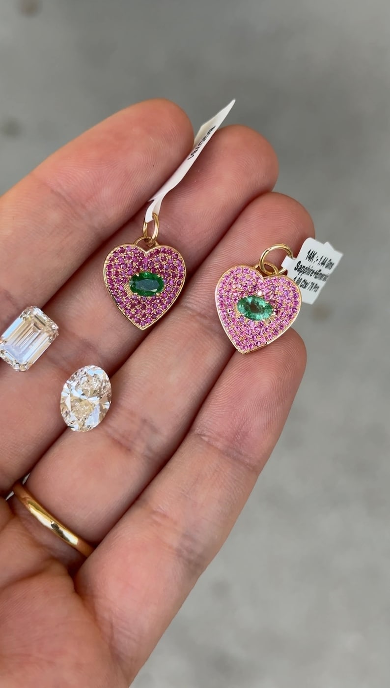 1.0tcw 14K Gold Emerald & Pink Sapphire Heart Cluster Pendant Charm Necklace - Elegant Jewelry Gift for Women, Valentine's Day & Anniversary