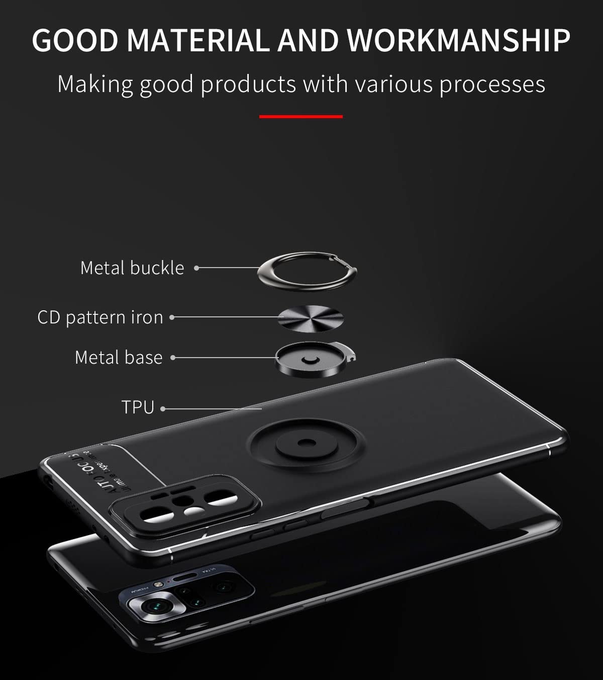 Premium Shockproof Case for Redmi Note 9 Pro/Note 9 Pro Max - Rotatable Metal Ring Kickstand & Magnetic Car Mount Compatible | Anti-Scratch Protective Cover (Black) - Perfect for Work, Travel & Daily Use