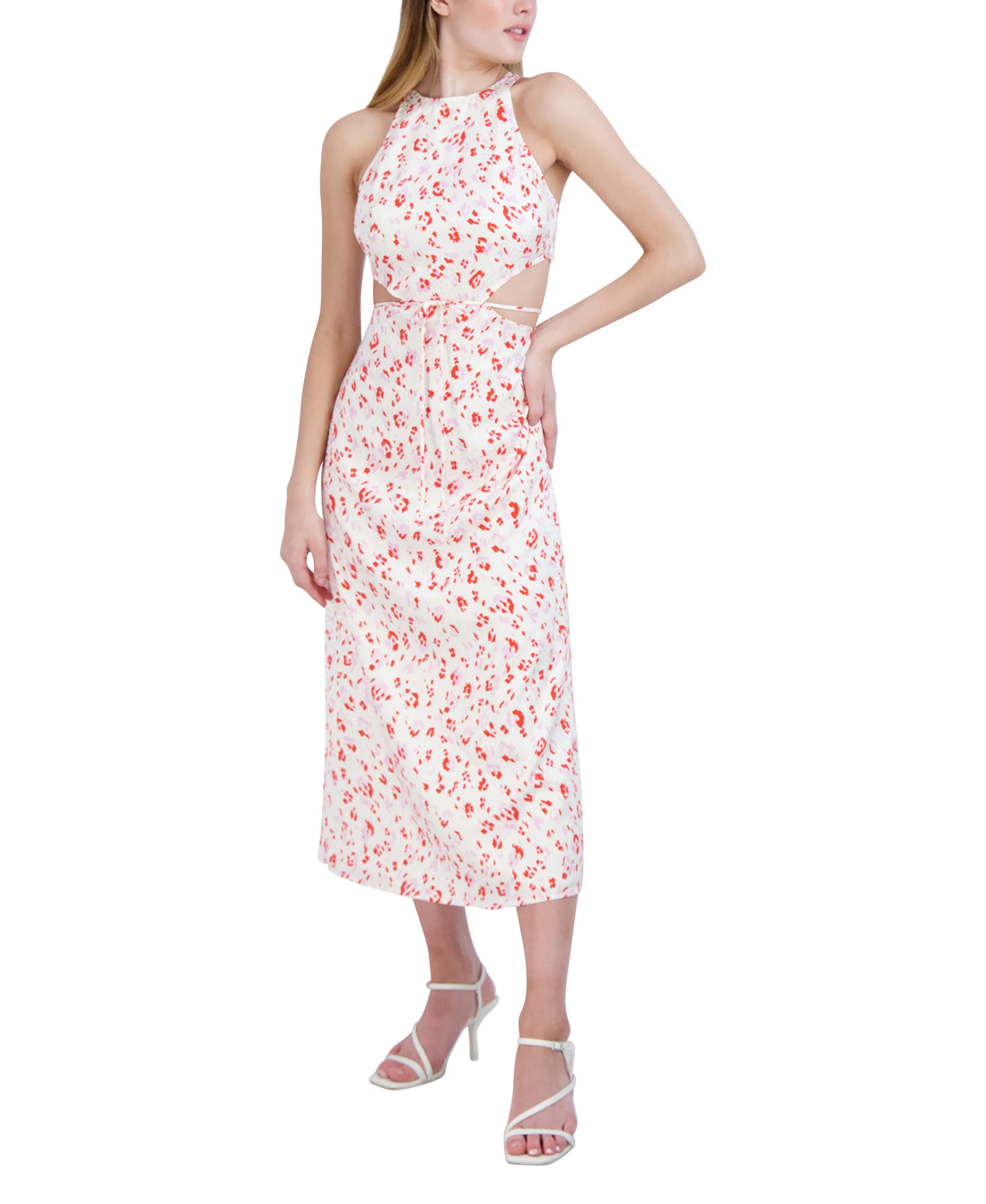 BCBGeneration Women's Crew Neck Tie Waist Cutout Midi Dress - Flowy Summer Dress for Casual Outings, Beach Vacations & Date Nights