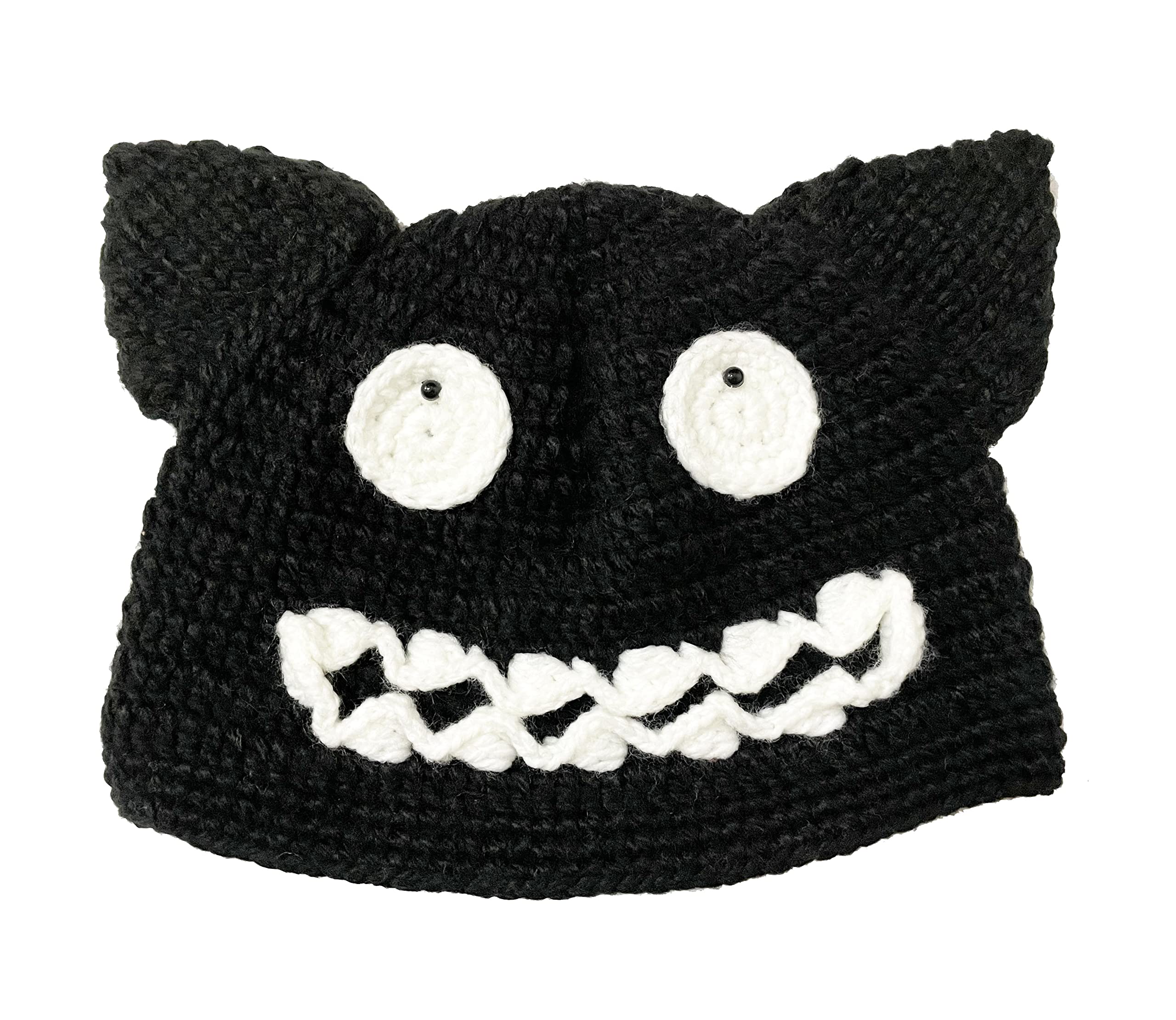 Handmade Wolf Ears Beanie Hat with Monster Teeth - Devil Pussy Knitted Cap for Halloween Costume & Cosplay - Warm Winter Skull Cap for Women Men