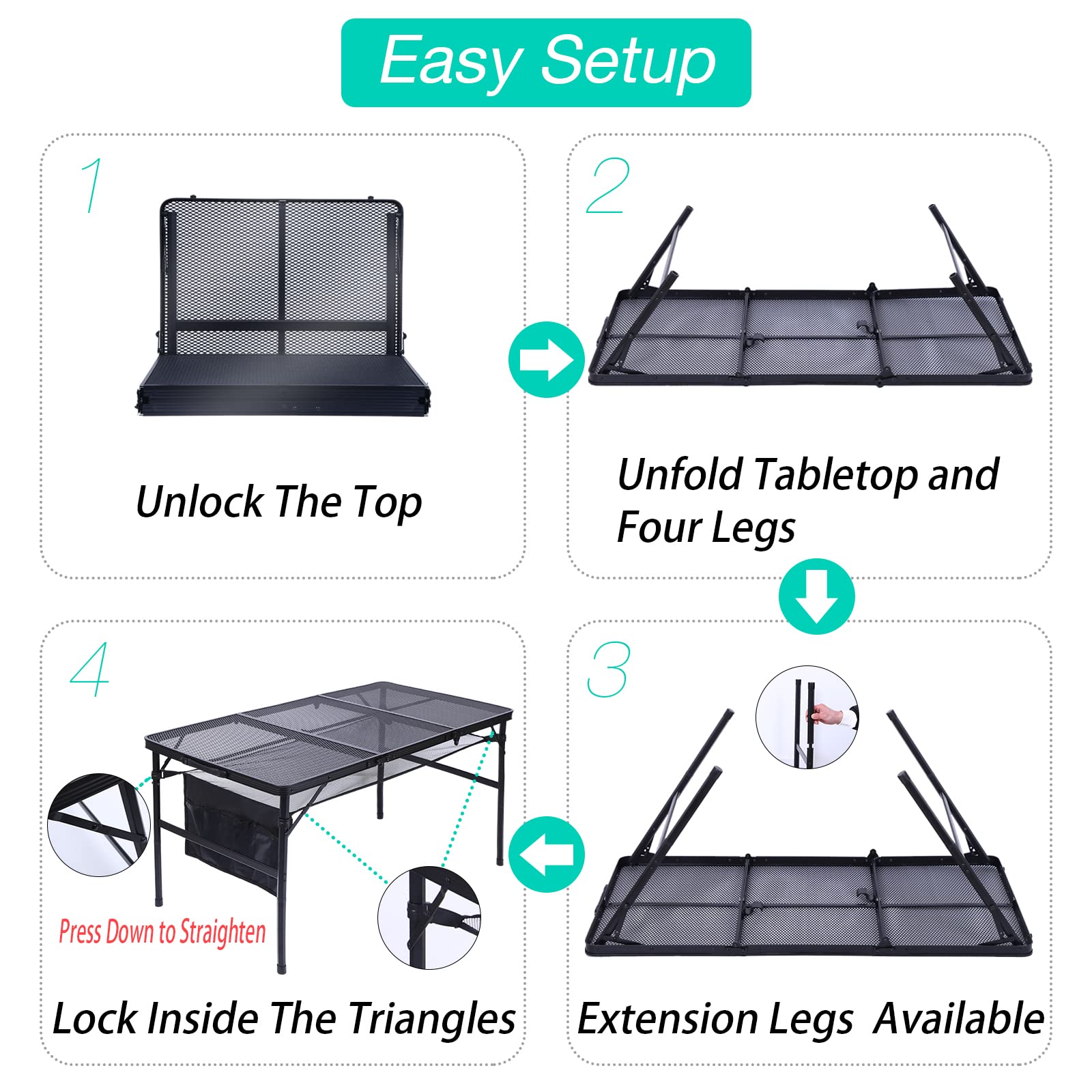 WGOS Folding Camping Table - Adjustable Height Portable Picnic Table with Mesh Storage Bag & Cup Holders, Lightweight Outdoor Indoor Table for Beach, Backyard, Tailgating, BBQ Parties (Large Black) - Perfect for Camping, Picnics, and Outdoor Adventures