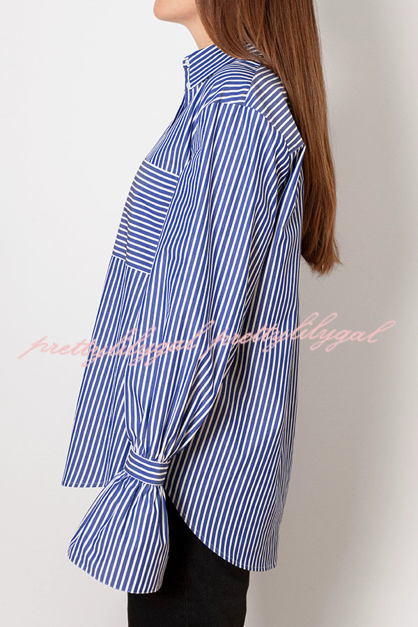 Women's Striped Print Ruffled Long Sleeve Blouse with Pockets - Casual Loose Fit Shirt for Work, Date Night & Everyday Wear
