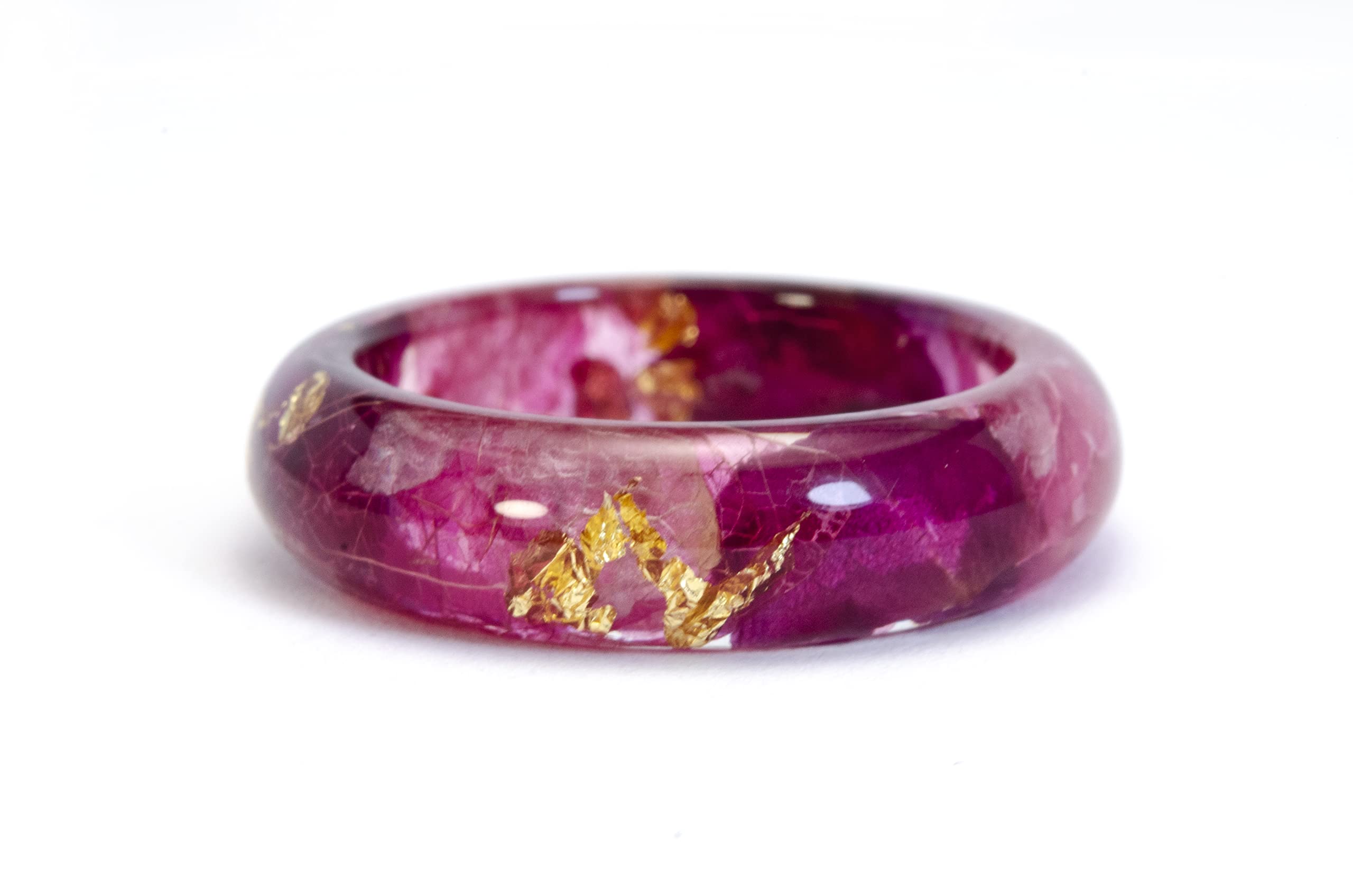 Eco Resin Flower Ring with Pressed Purple Orchid Petals & Gold Flakes - Dainty Clear Thin Ring for Women - Elegant Botanical Jewelry for Weddings, Date Nights & Special Occasions