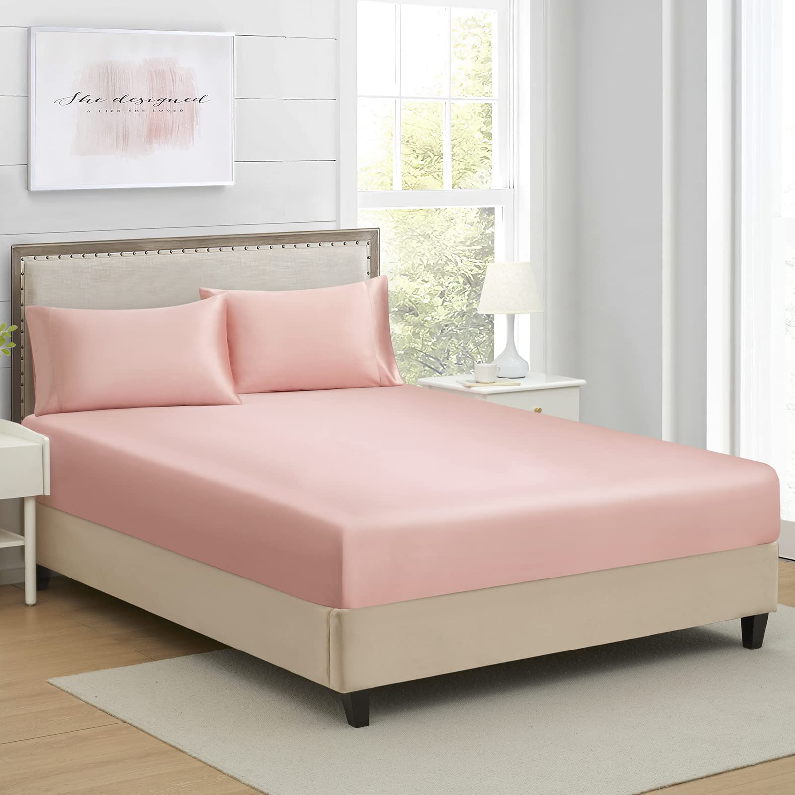 Silk Satin Queen Size Fitted Sheet - Deep Pocket, Wrinkle & Fade Resistant, Breathable Elastic Bed Sheet (Blush Pink) for Luxury Bedroom, Hotel, Airbnb & Guest Room Comfort