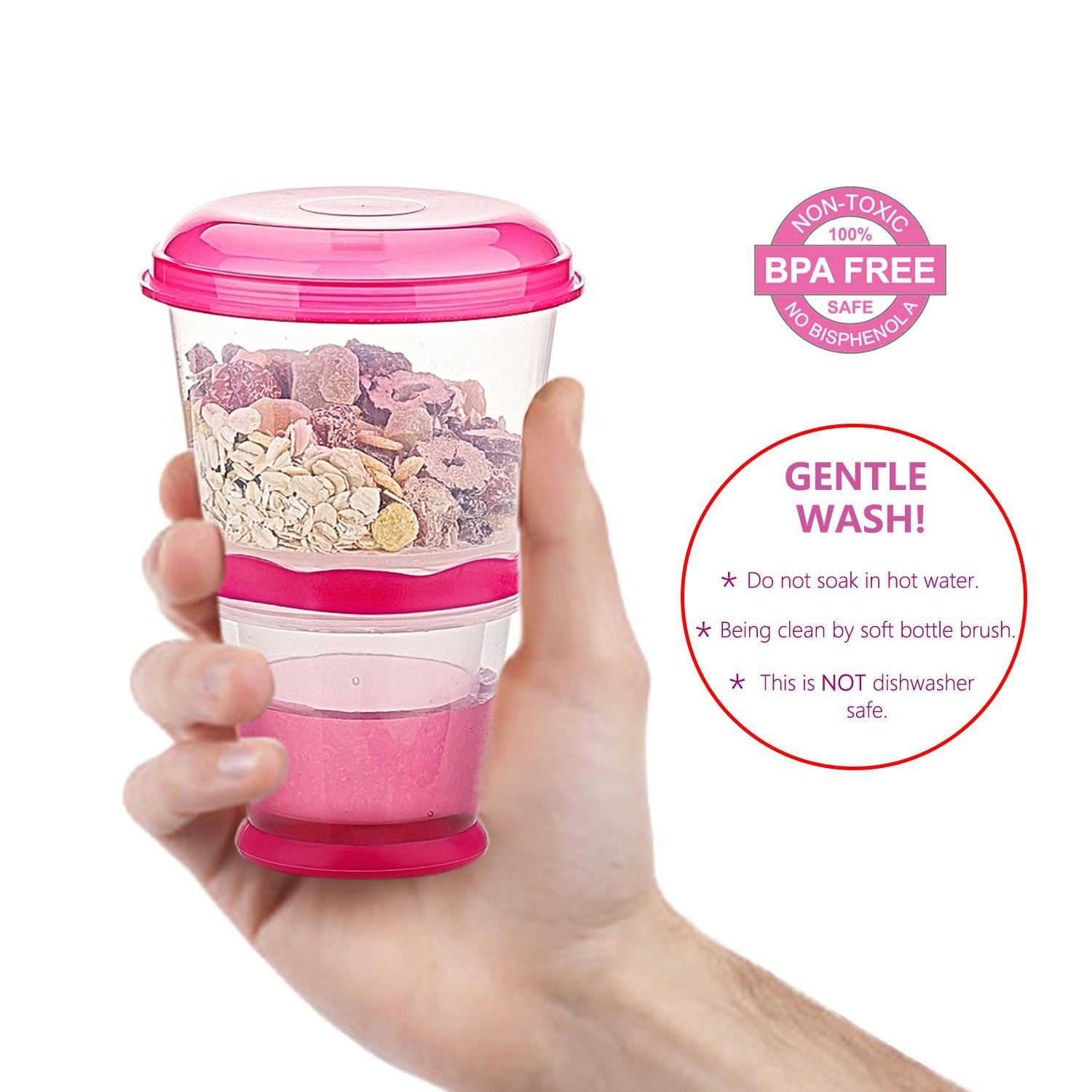 Portable Cereal & Yogurt To-Go Cups - Leak-Proof Breakfast Containers for On-The-Go Meals (Rose Red) | Perfect for Commuting, School Lunches & Outdoor Activities