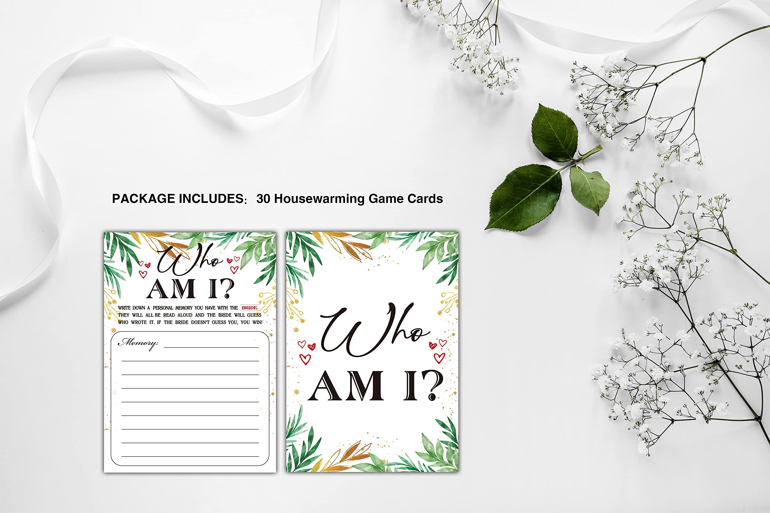 Bridal Shower Games - Who Am I Wedding Party Game - 30 Gold Foil Greenery Eucalyptus Bachelorette Party Cards for Engagement & Bridal Showers - Fun Icebreaker Activity for Wedding Celebrations