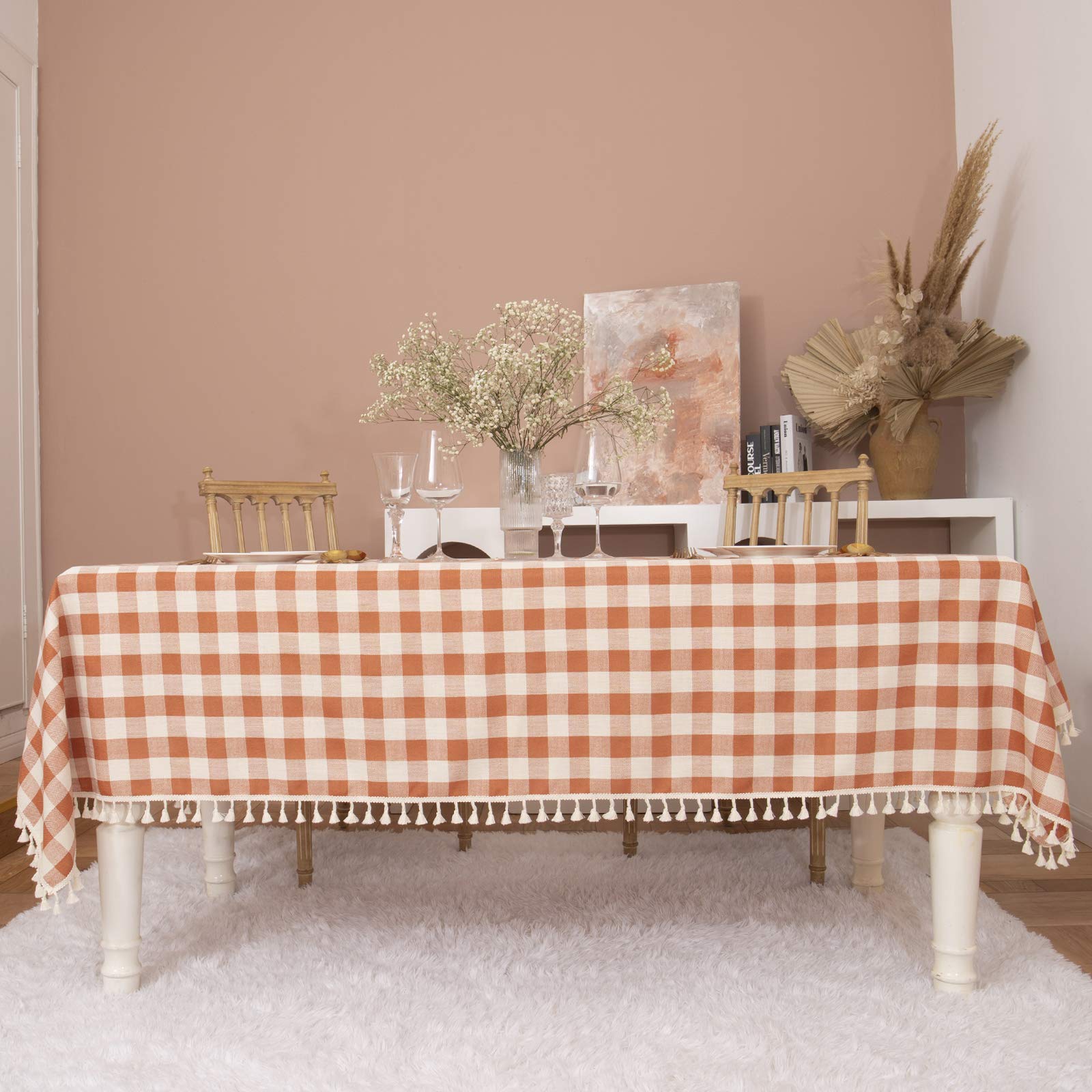 Rustic Gingham Cotton Tablecloth - Buffalo Plaid Kitchen Table Cover for Fall, Thanksgiving & Christmas Decor - 55x102 Inch Rectangle Orange Table Cloth - Perfect for Holiday Dining, Restaurant Decor & Outdoor Picnic Parties