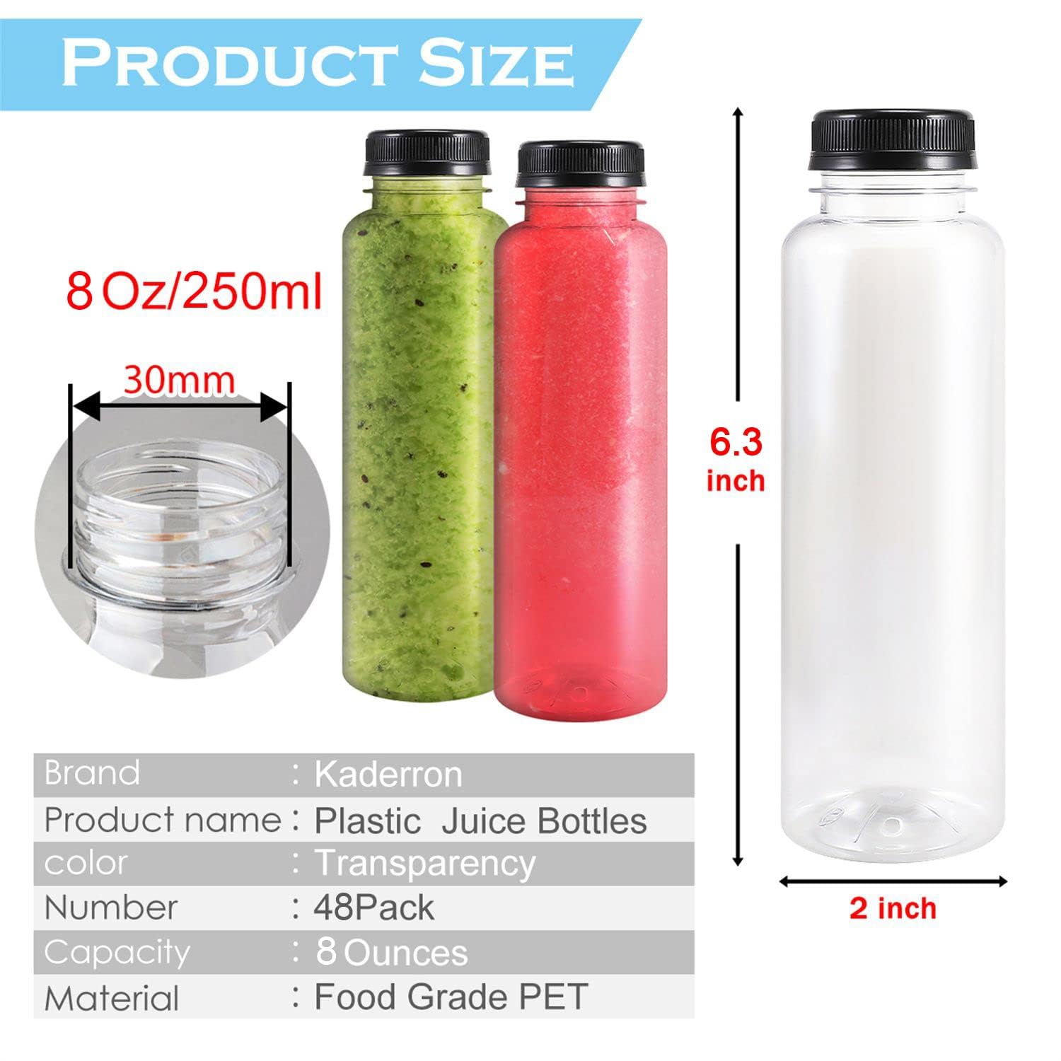48pcs 8oz Clear PET Plastic Juice Bottles with Black Tamper Evident Lids - Empty Disposable Drink Containers for Juicing, Smoothies, Water & Beverages | Bulk Storage for Home, Restaurant & Catering Use
