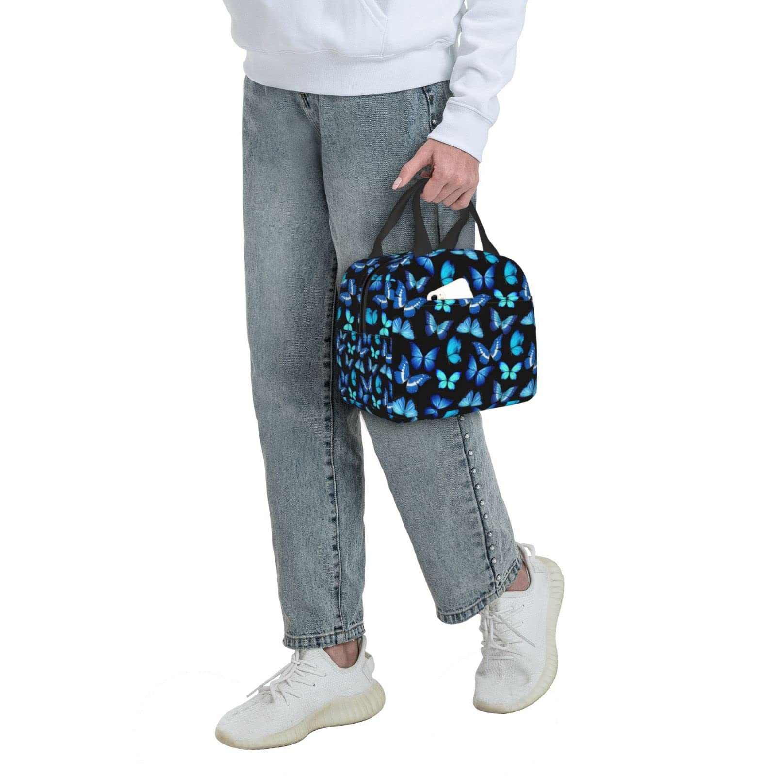 Insulated Black Lunch Bag for Women - Cute Blue Butterfly Print Thermal Cooler Tote, Waterproof & Reusable with Large Pocket | Perfect for Work, Office, College, Picnic & Outdoor Activities