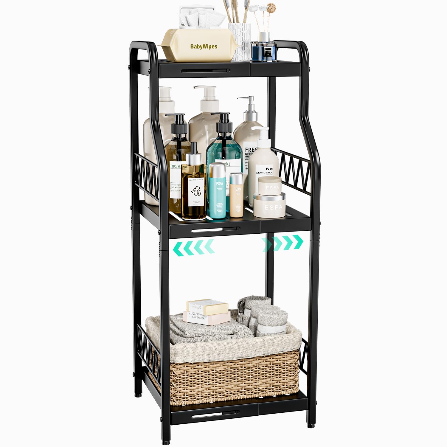 HapiRm 3-Tier Expandable Narrow Bathroom Shelf Organizer - Free Standing Metal Storage Rack for Bathroom, Kitchen & Laundry - Space Saving Slim Cabinet for Toiletries, Towels & Cleaning Supplies (Black) - Perfect for Small Spaces & Apartment Organization